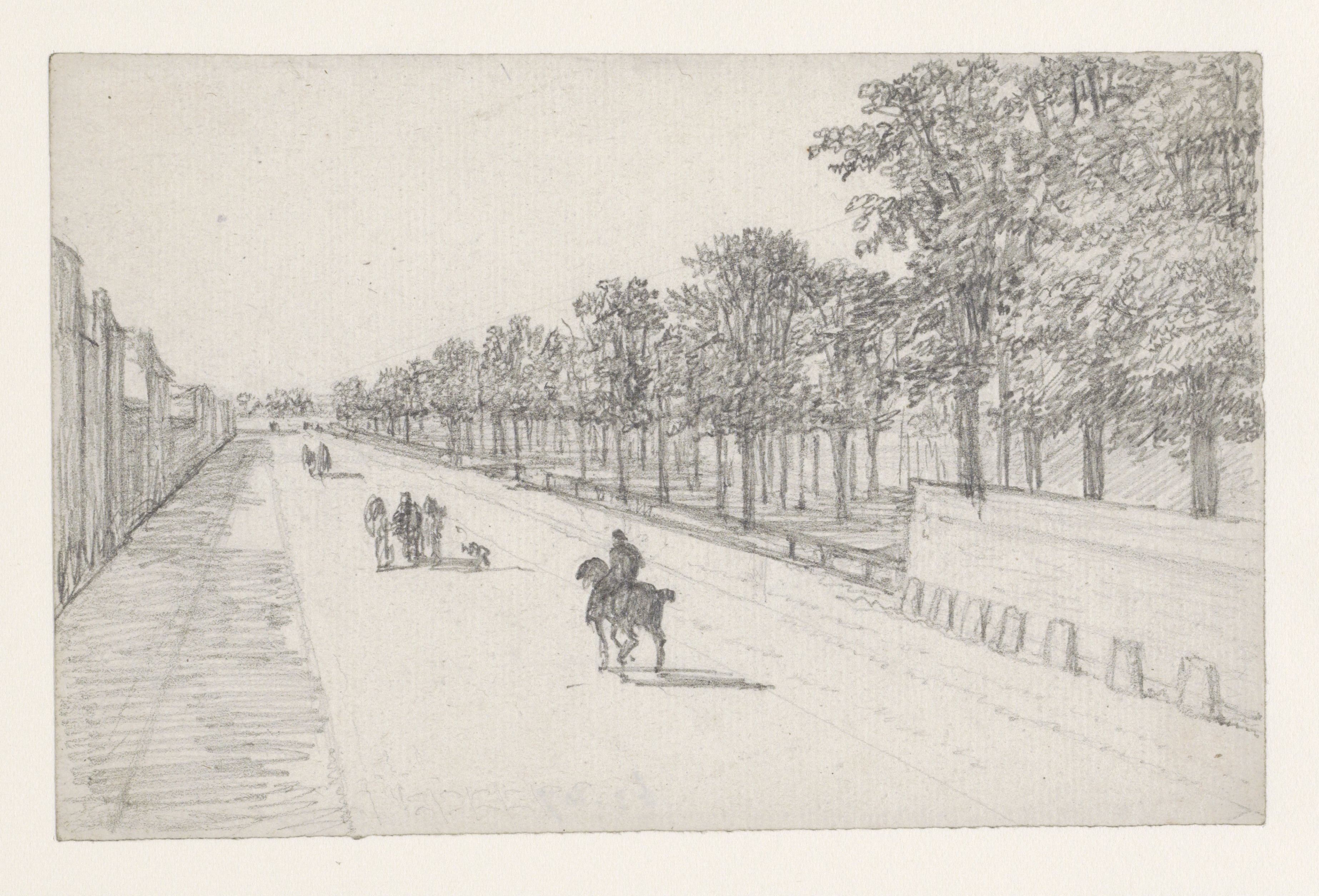 Straatweg met ruiters op de weg en rechts bomen