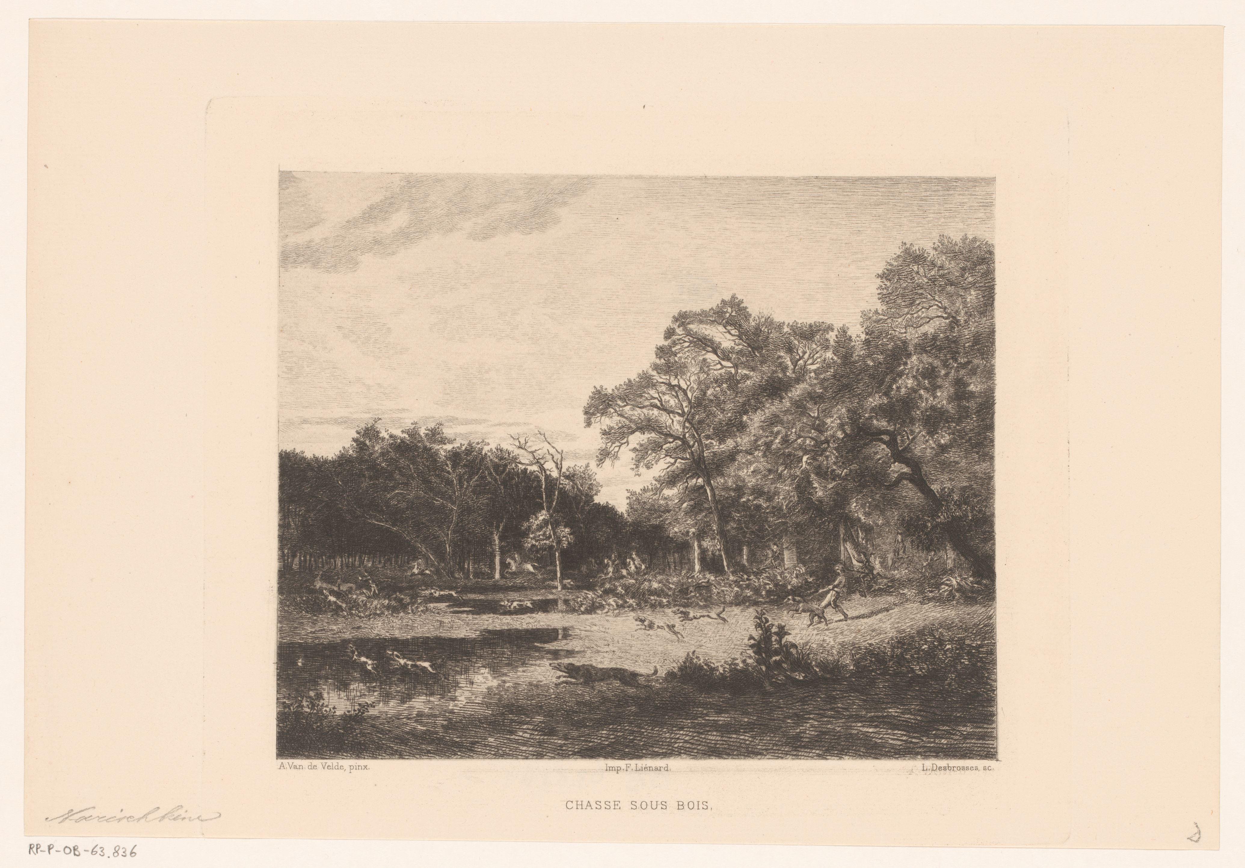 Boslandschap met een jachtscène