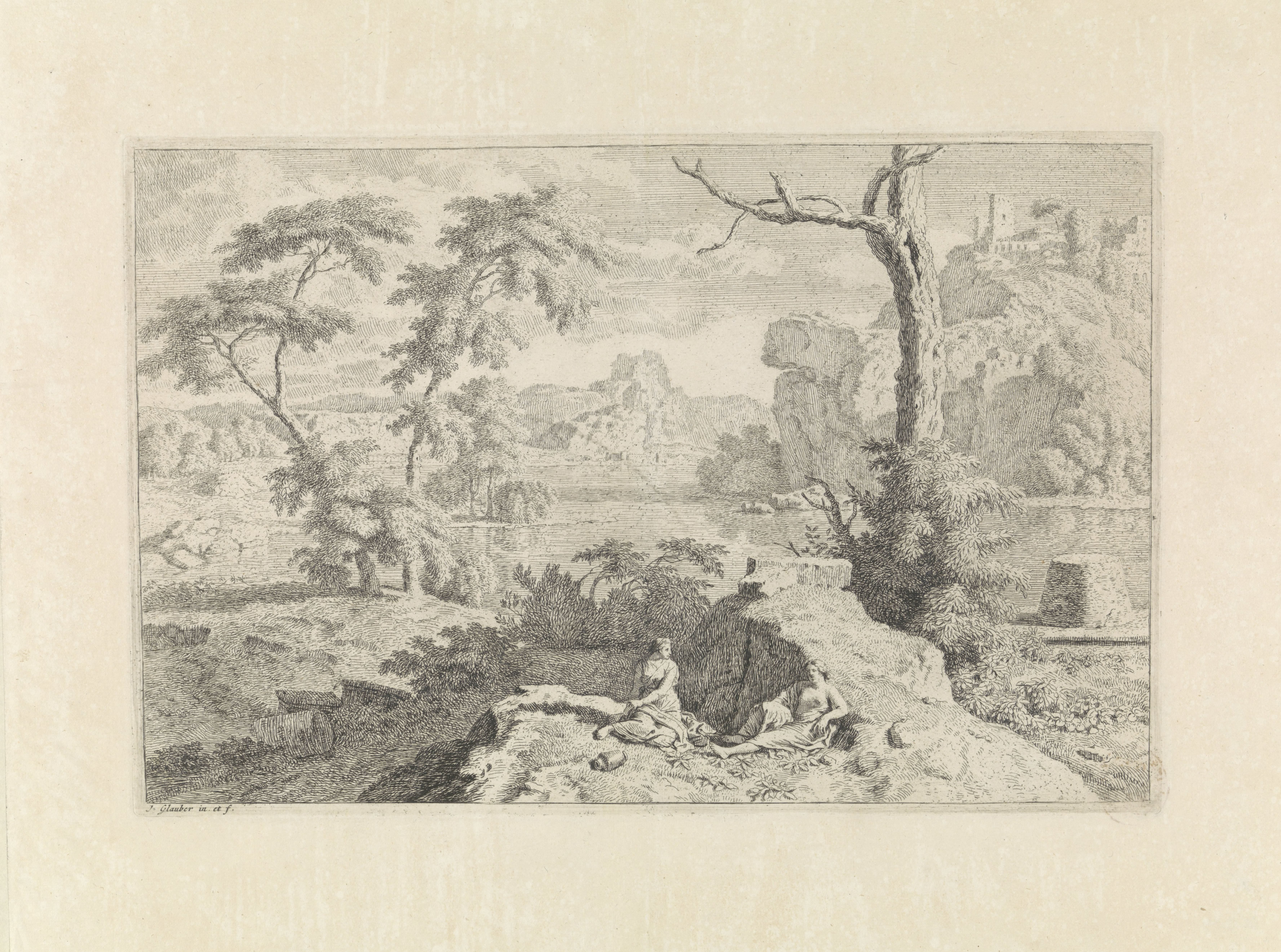 Arcadisch landschap met twee vrouwen