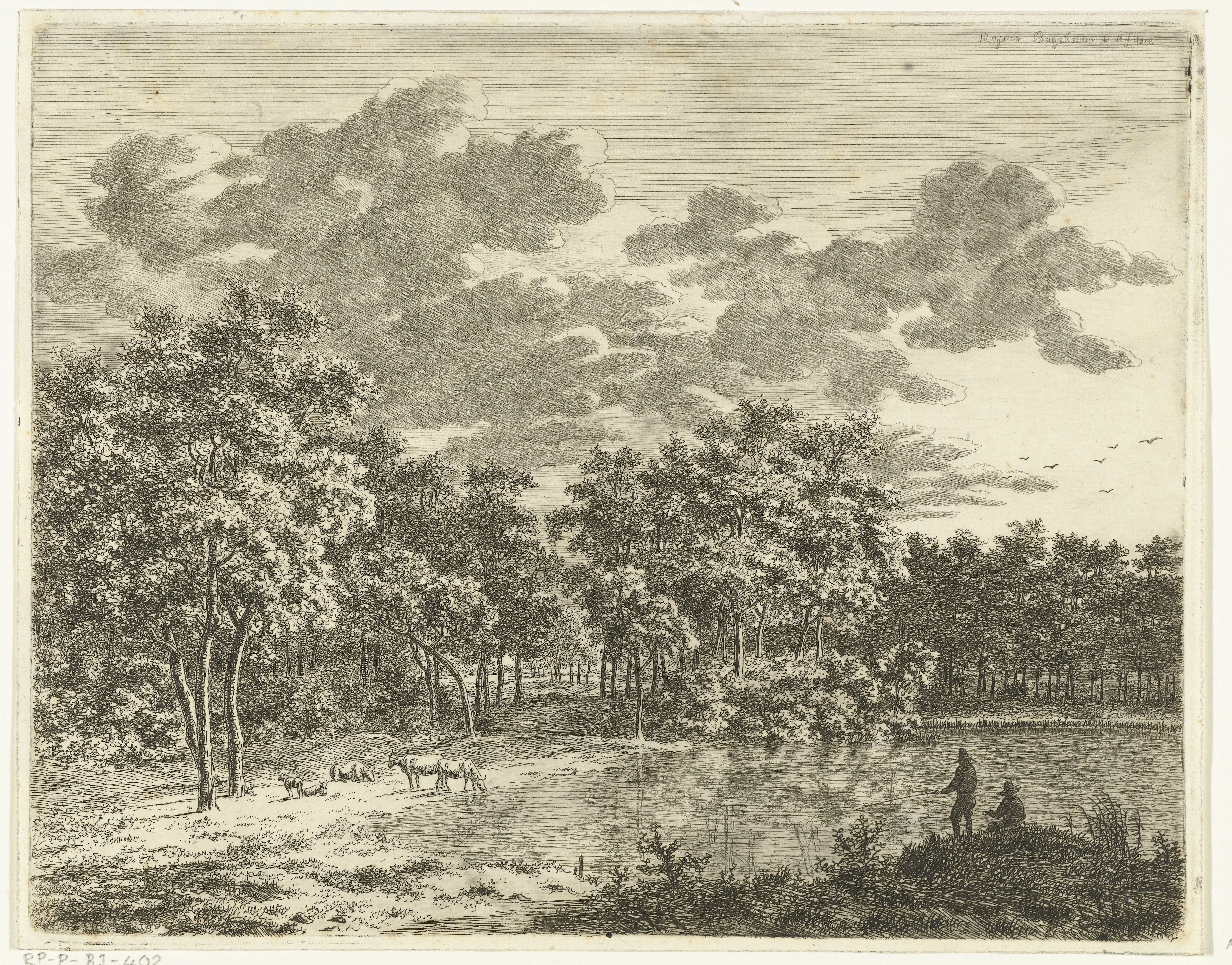 Landschap met vijver en twee hengelende vissers