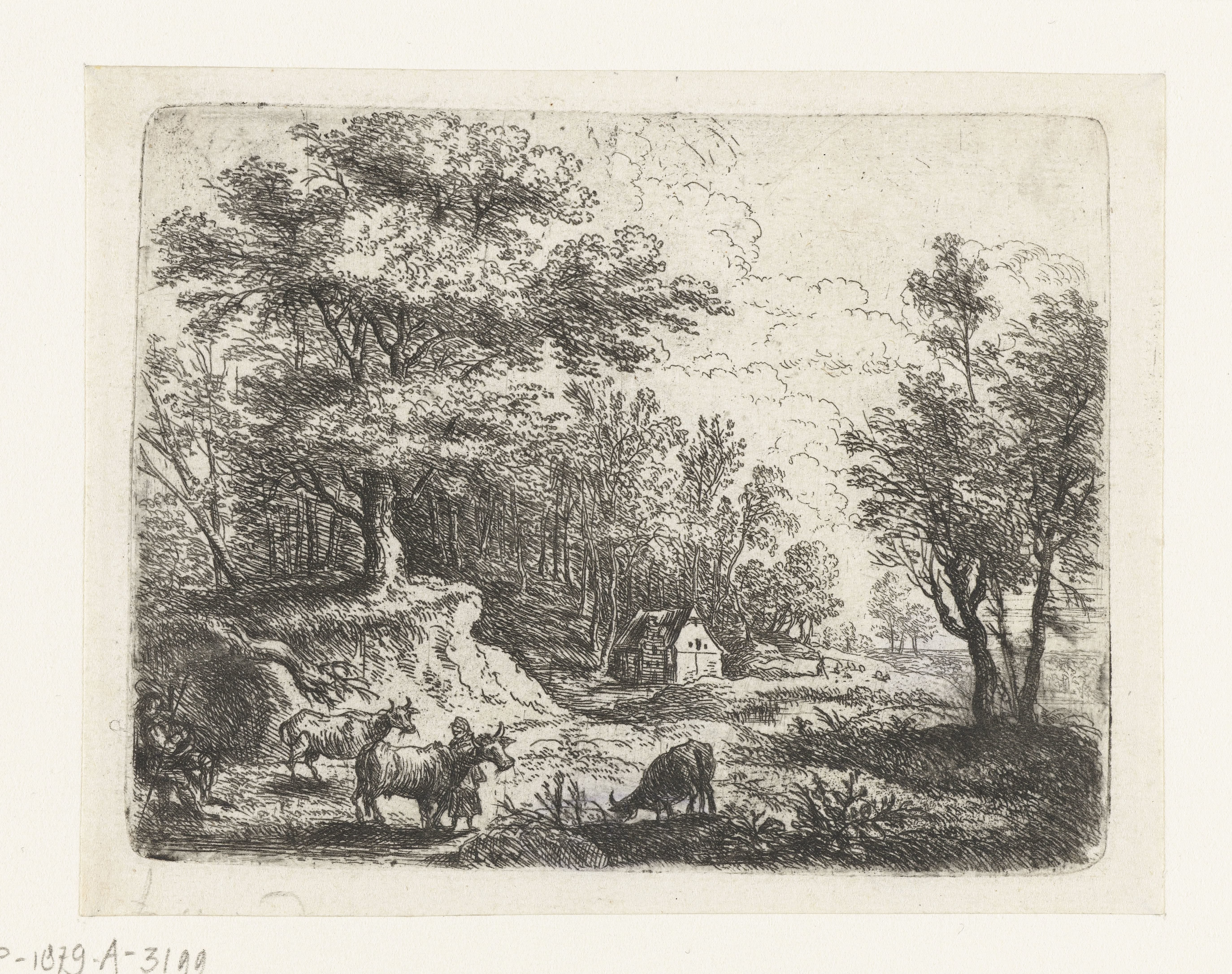 Landschap met drie koeien en een vrouw