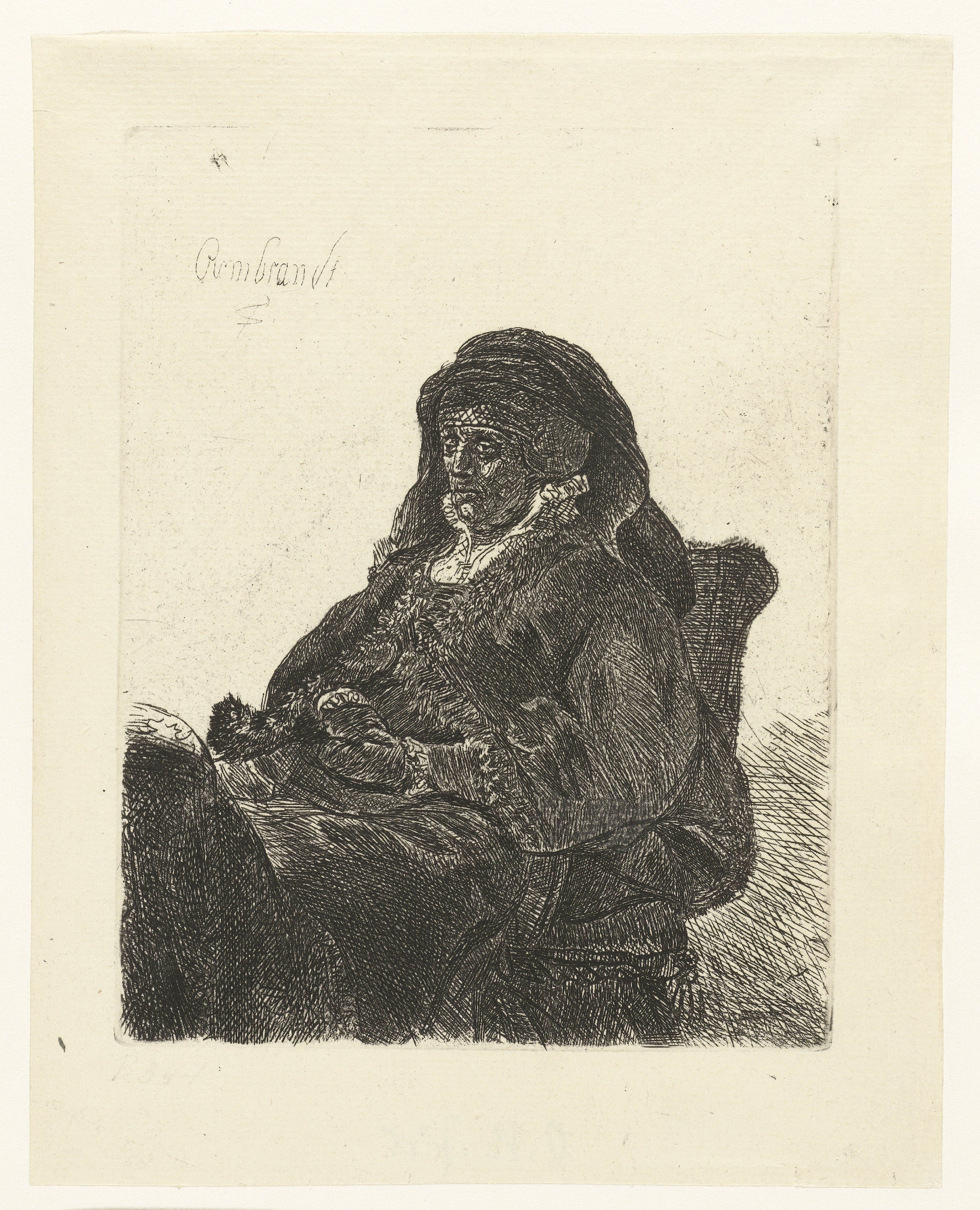 The artist's mother seated at a table, looking right: three quarter length