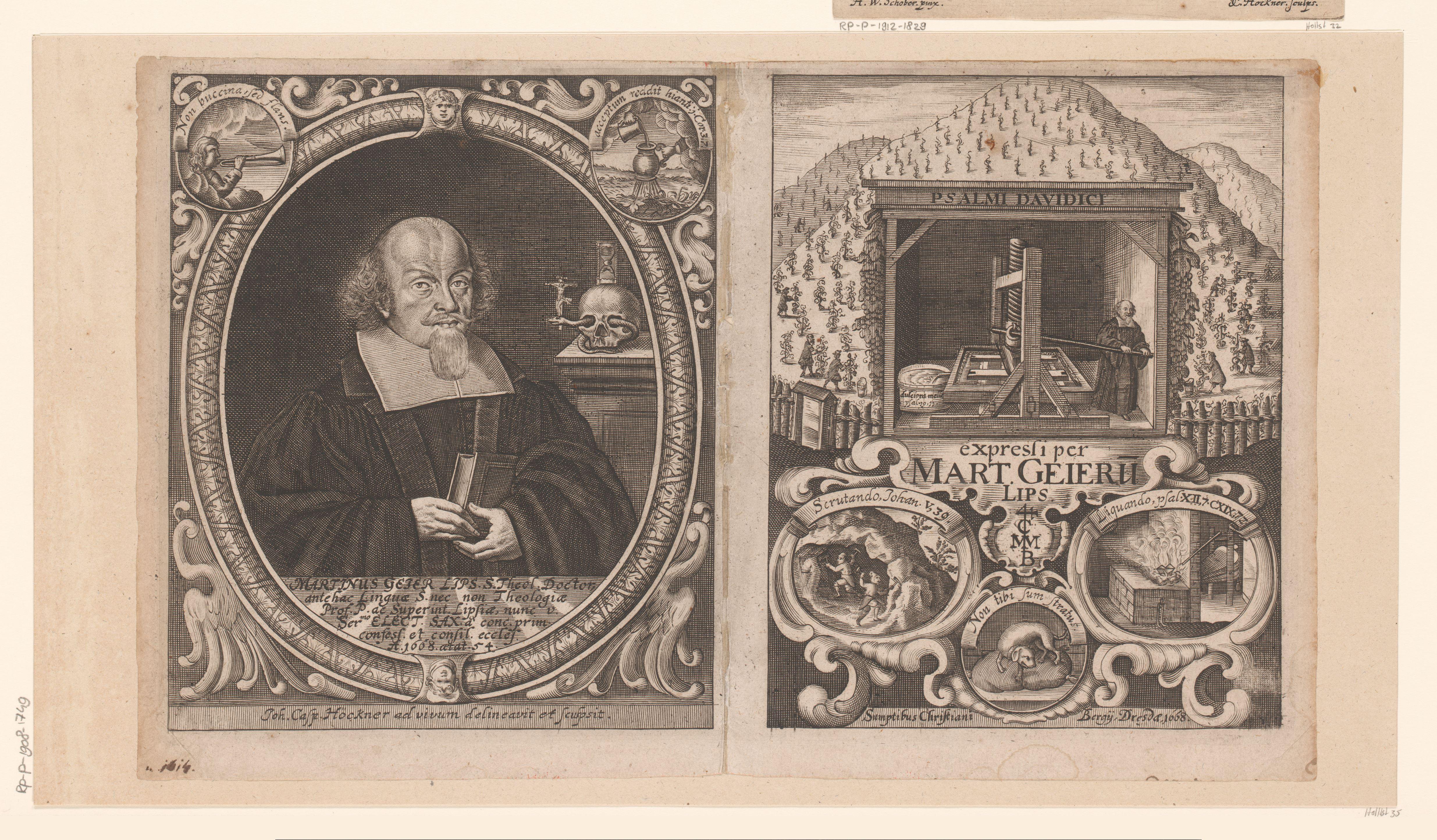 Portret van Martin Geier op 54-jarige leeftijd en vier verbeelde psalmen
