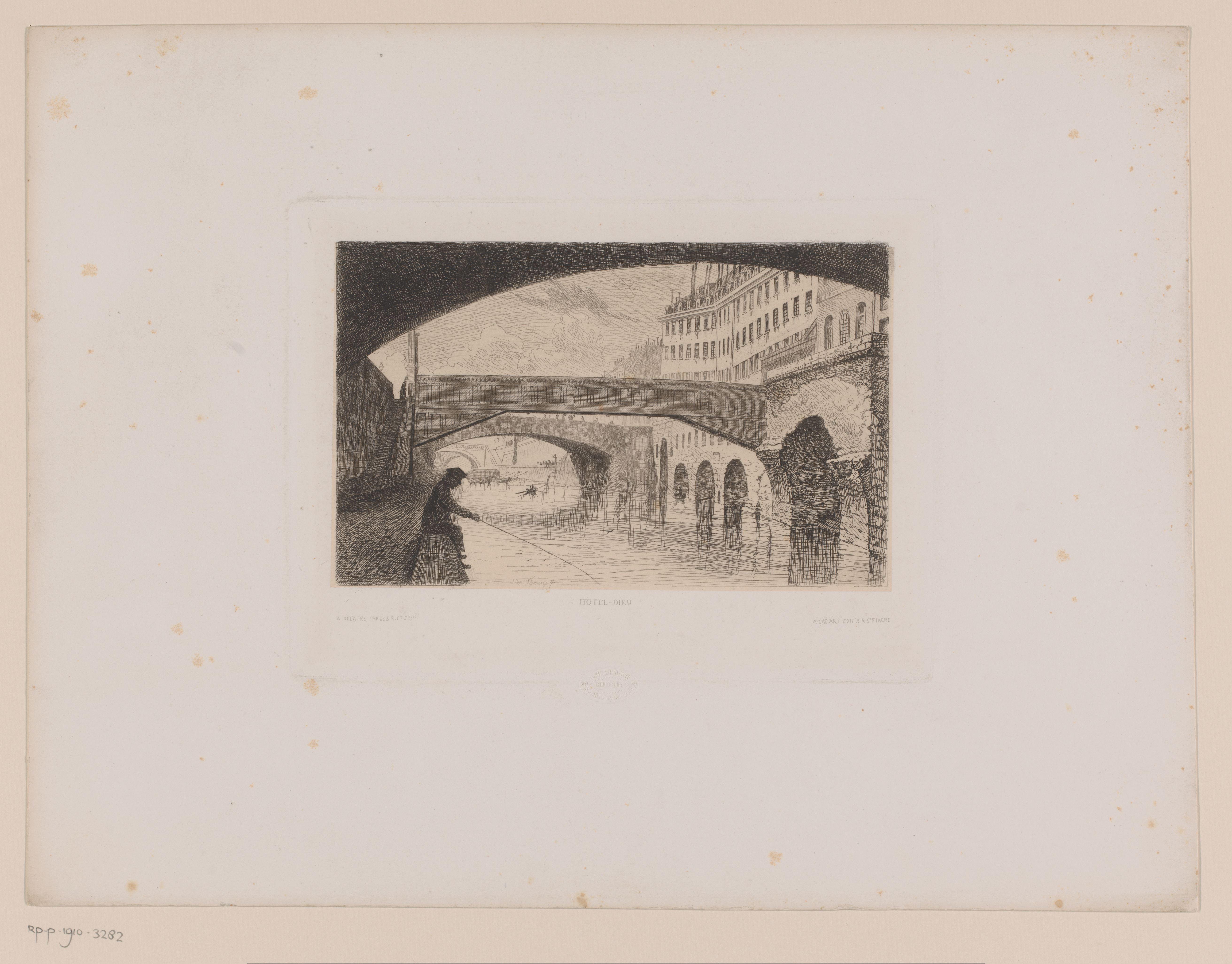 Gezicht op de Seine met enkele bruggen en rechts het ziekenhuis Hôtel Dieu