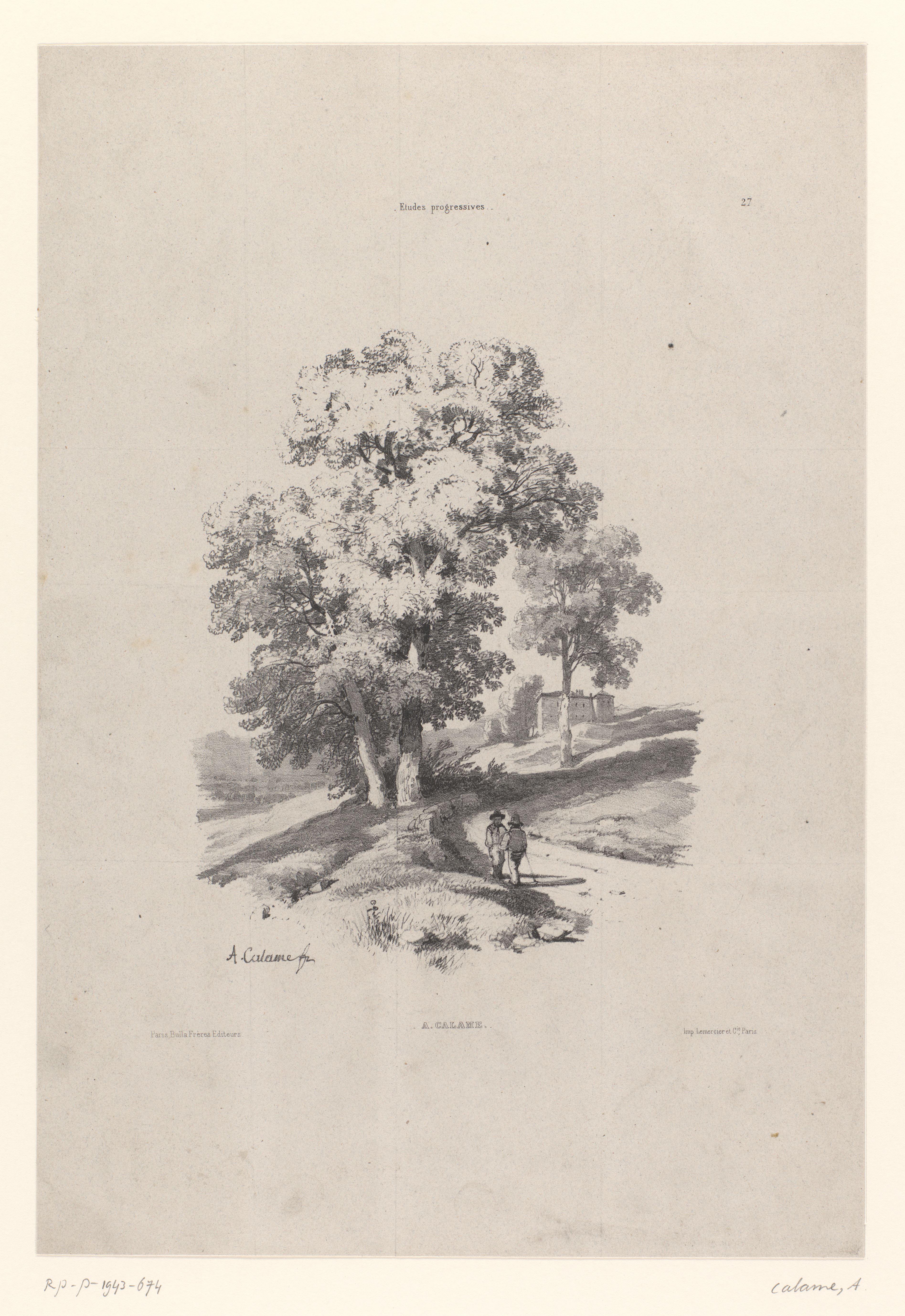 Landschap met bomen en twee figuren op een weg