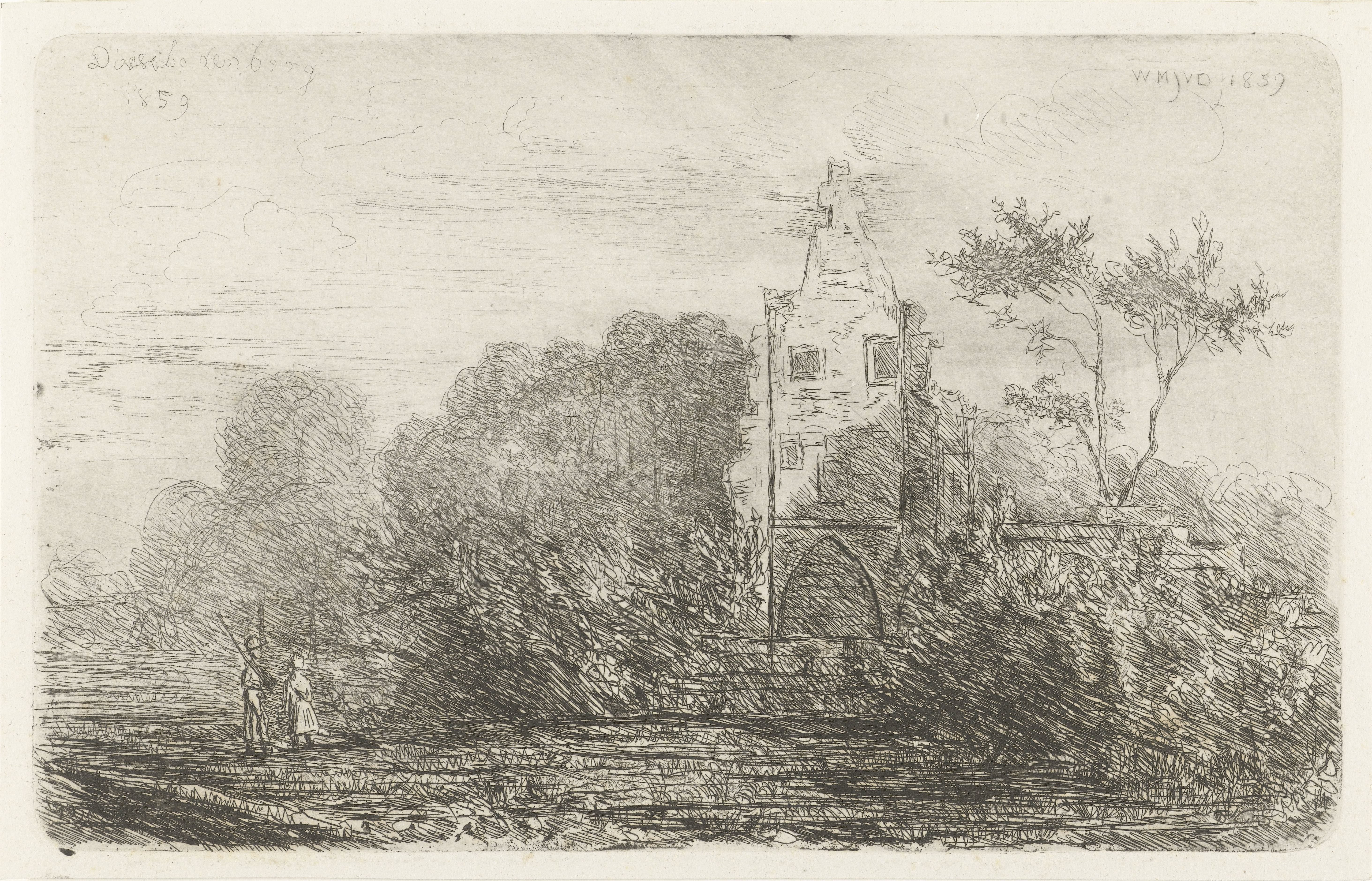 Landschap met ruïne en twee figuren