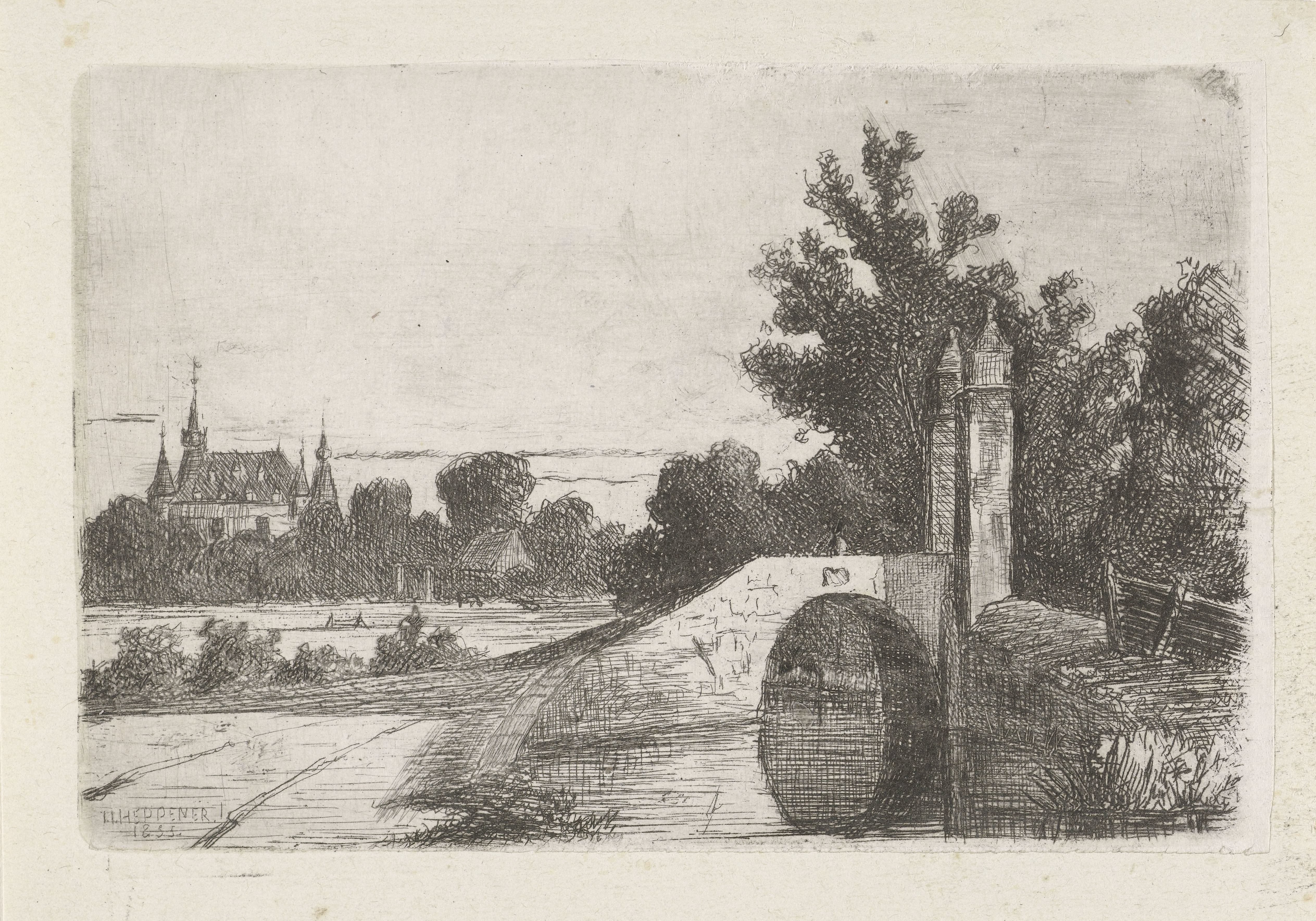 Landschap met stenen brug en kasteel