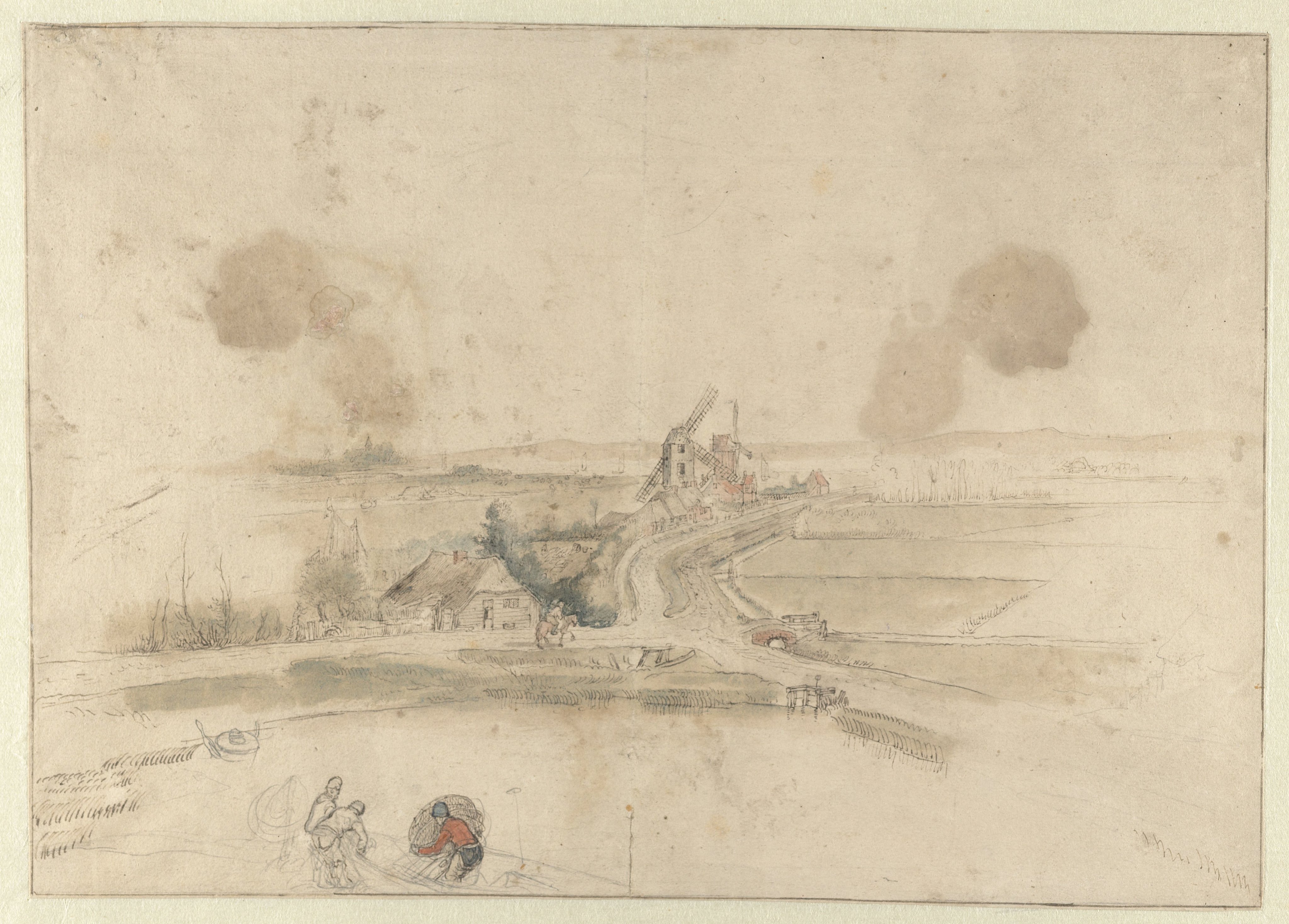 Landscape with Houses and Two Windmills along a Road, with Three Fishermen in the Foreground