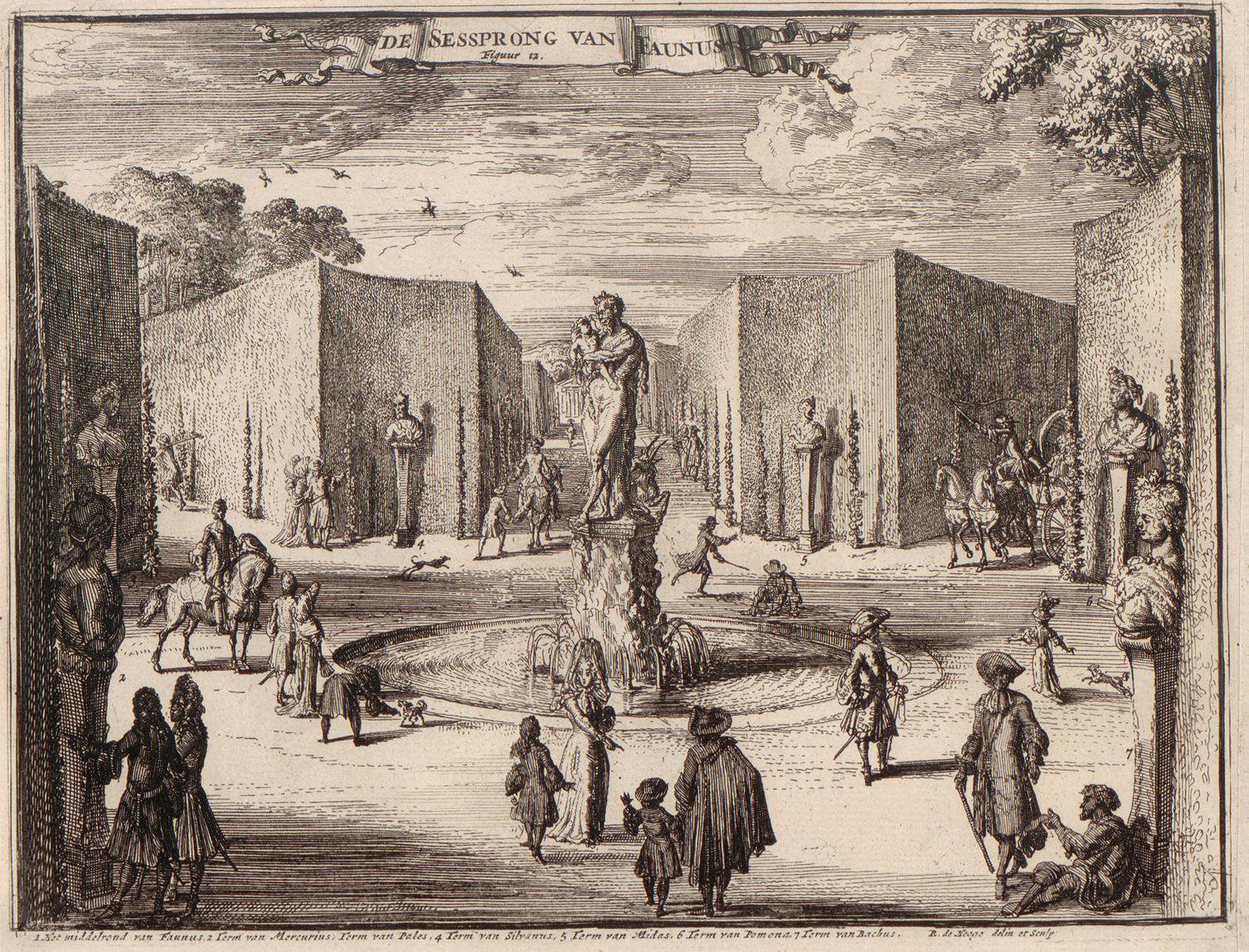 Gezicht op een fontein waarop zes lanen uitkomen in het park van Paleis Het Loo