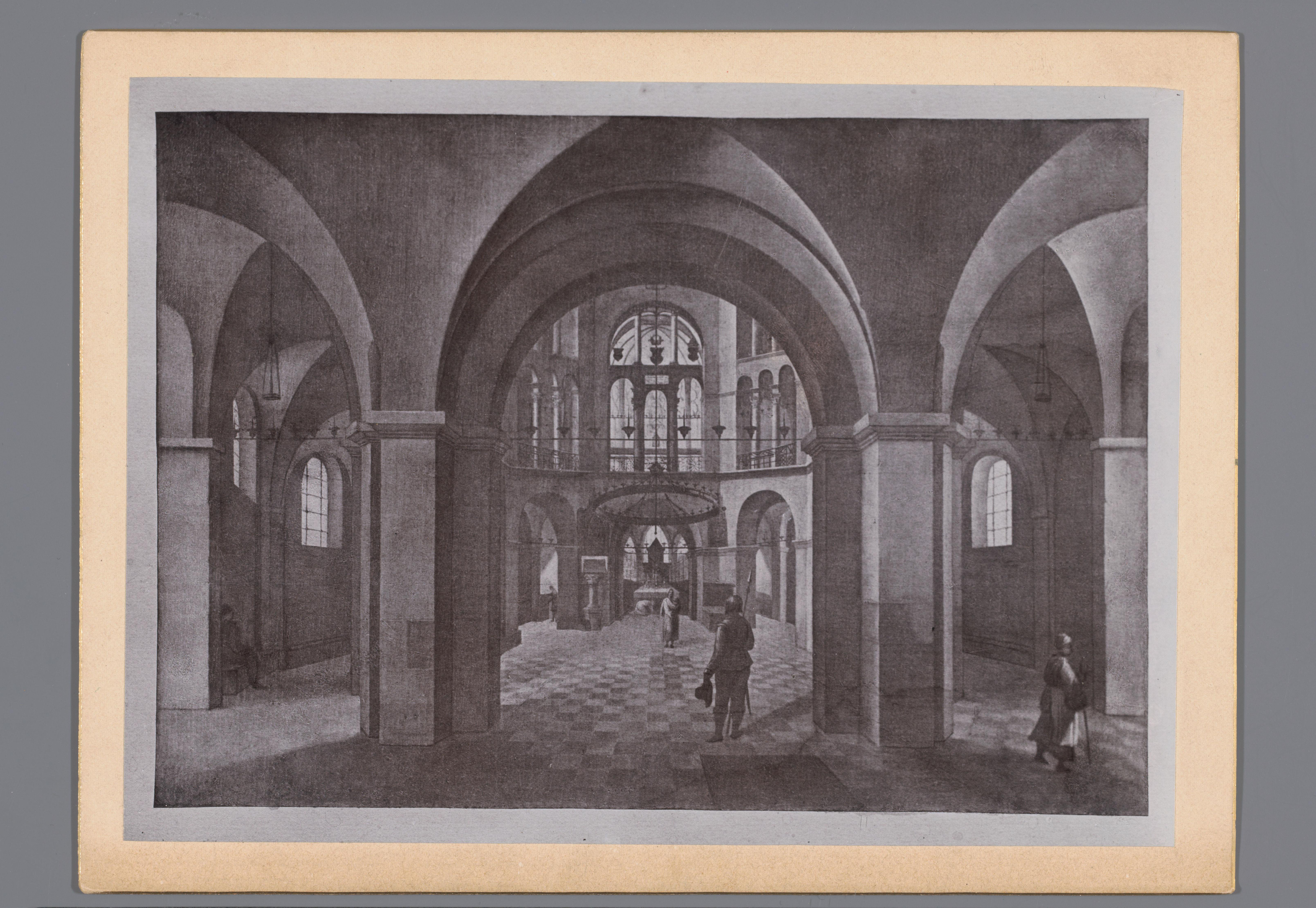 Fotoreproductie van een schilderij van een kerkinterieur