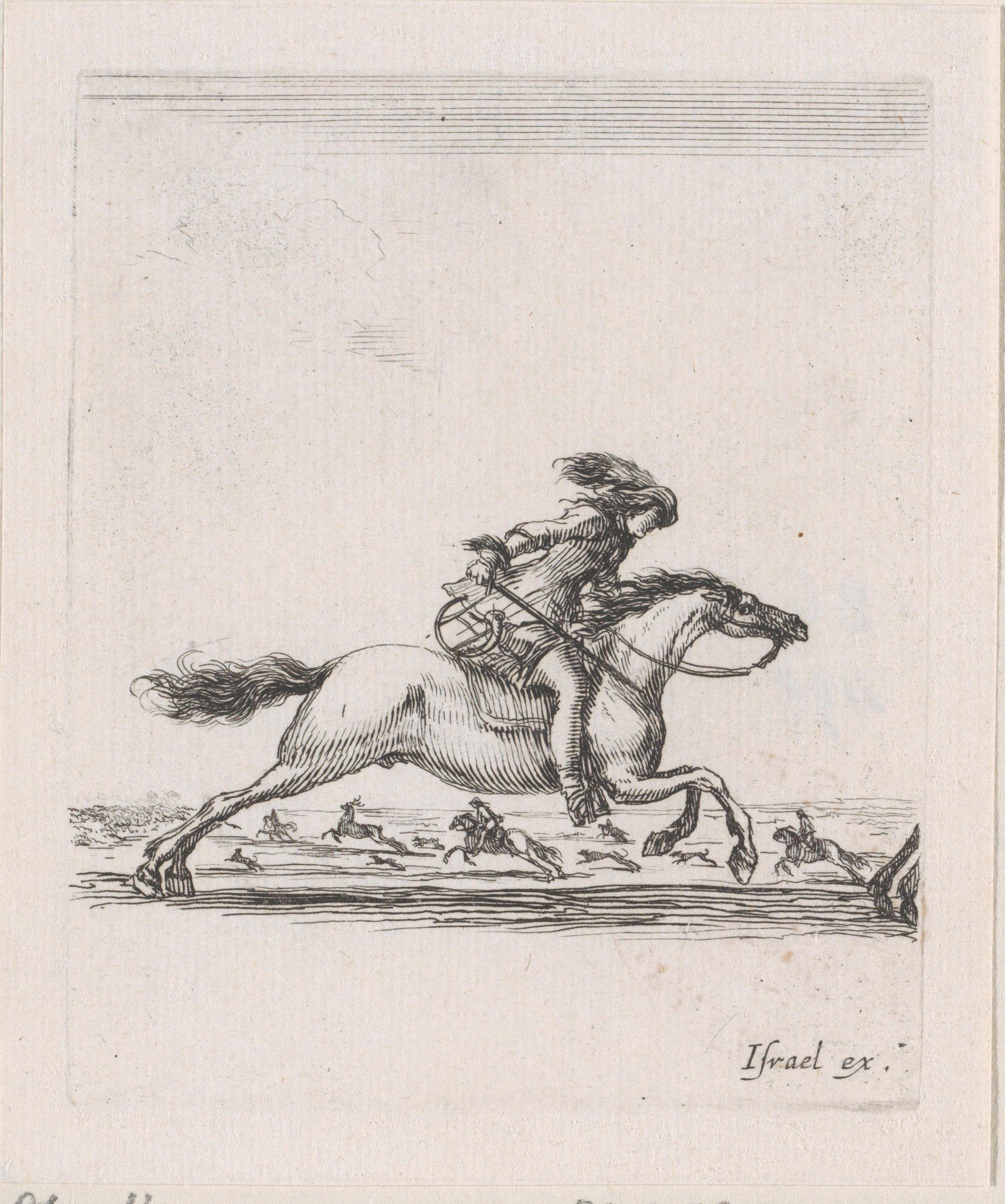 Ruiter met zwaard in hand op een rennend paard in een landschap met meer ruiters te paard