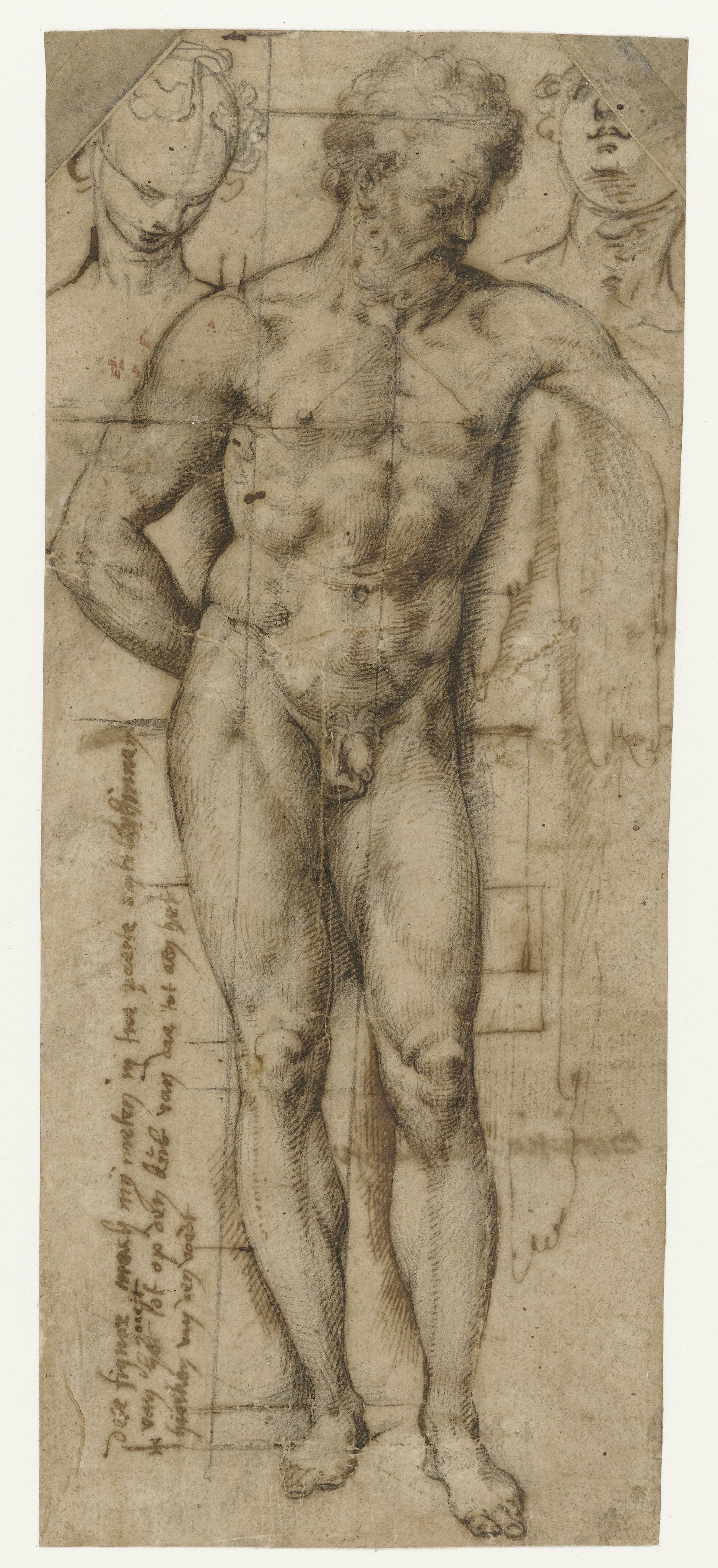 Studie van een naakte man (Hercules?) en twee hoofden van vrouwen