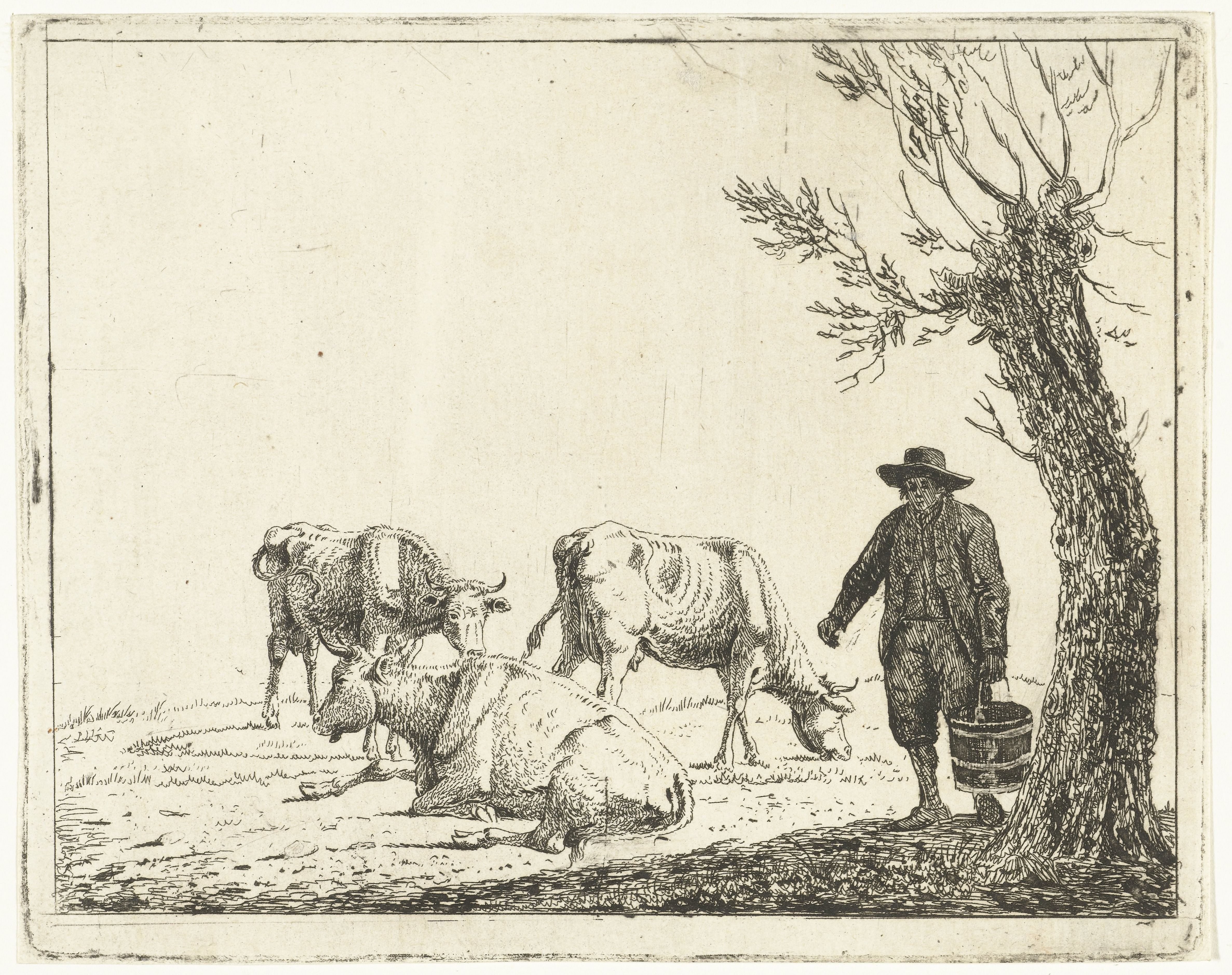 Weidelandschap met man met emmer bij drie koeien