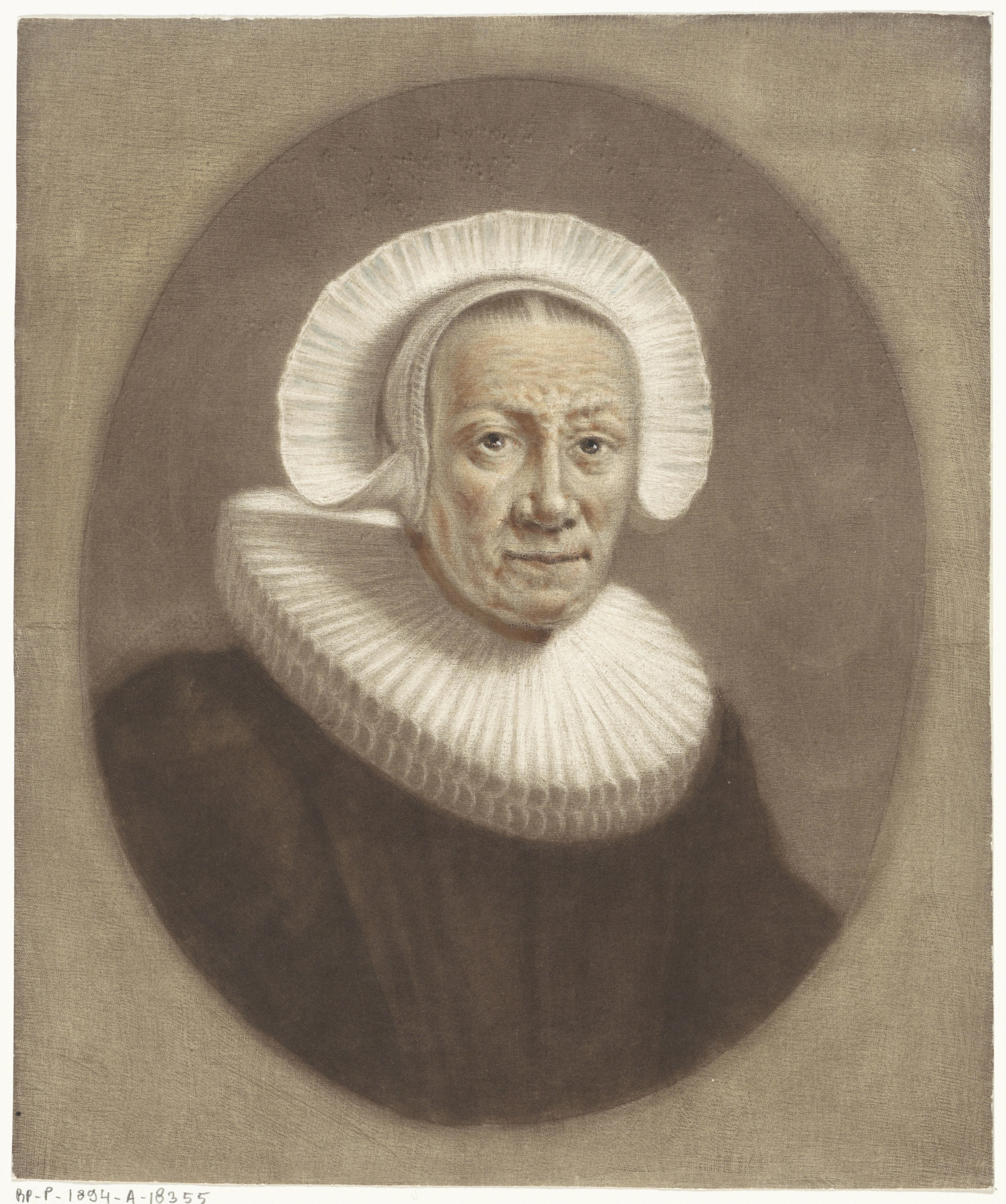 Portret van een oude vrouw met brede stijf geplooide kraag en diadeemmutsje
