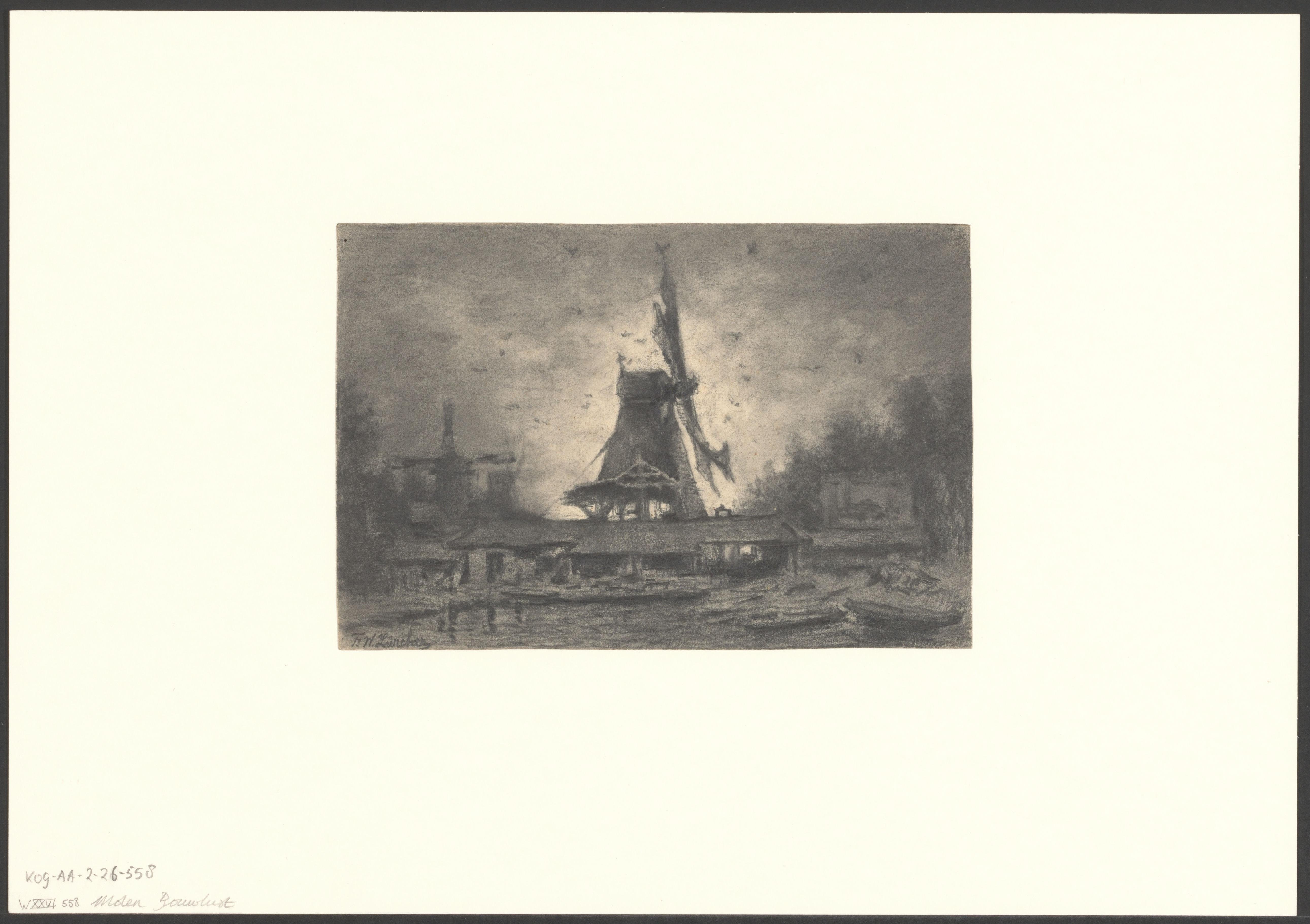 Gezicht op de Zaagmolensloot met molen Bouwlust
