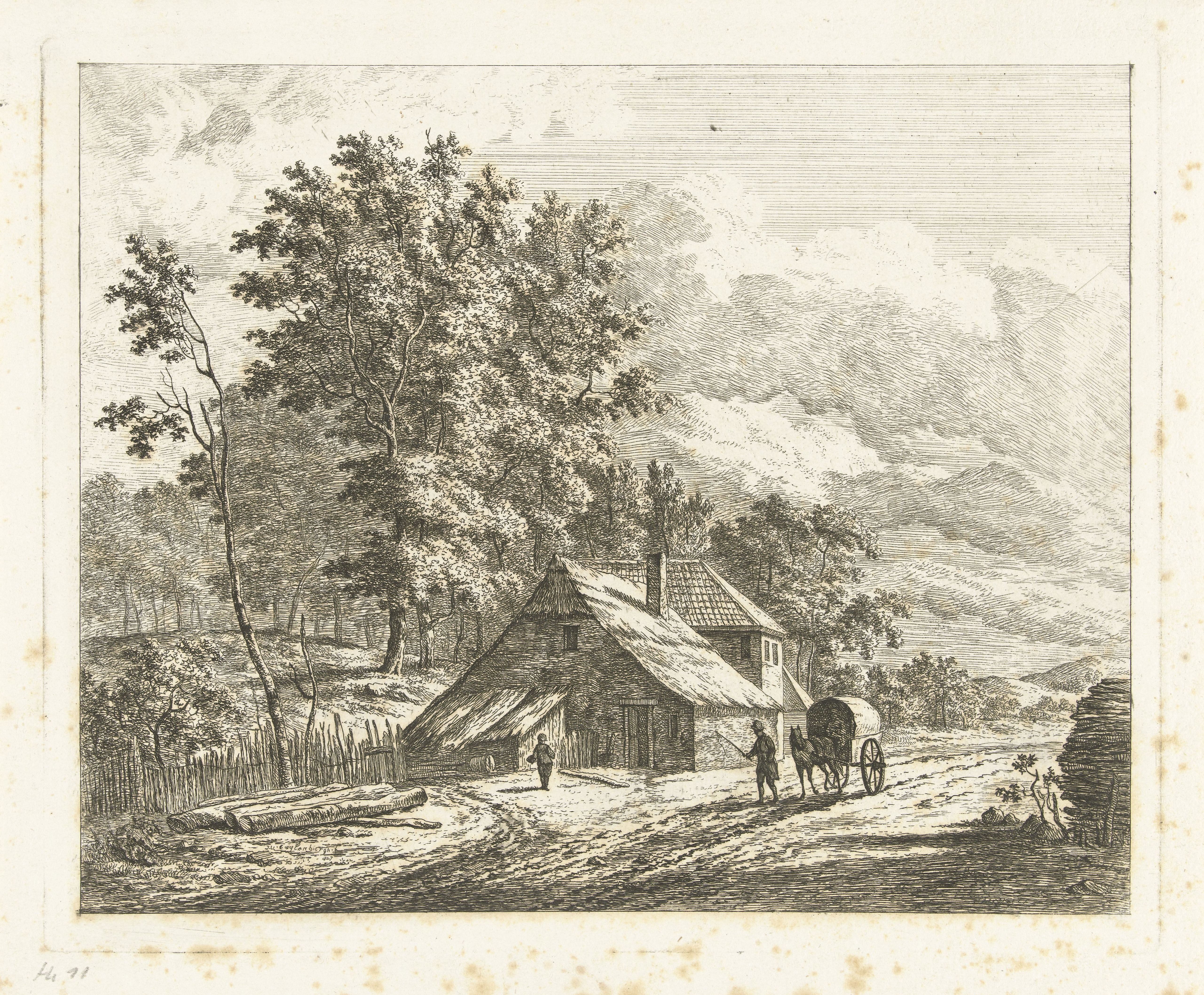 Landschap met boerderij en paard en wagen op landweg