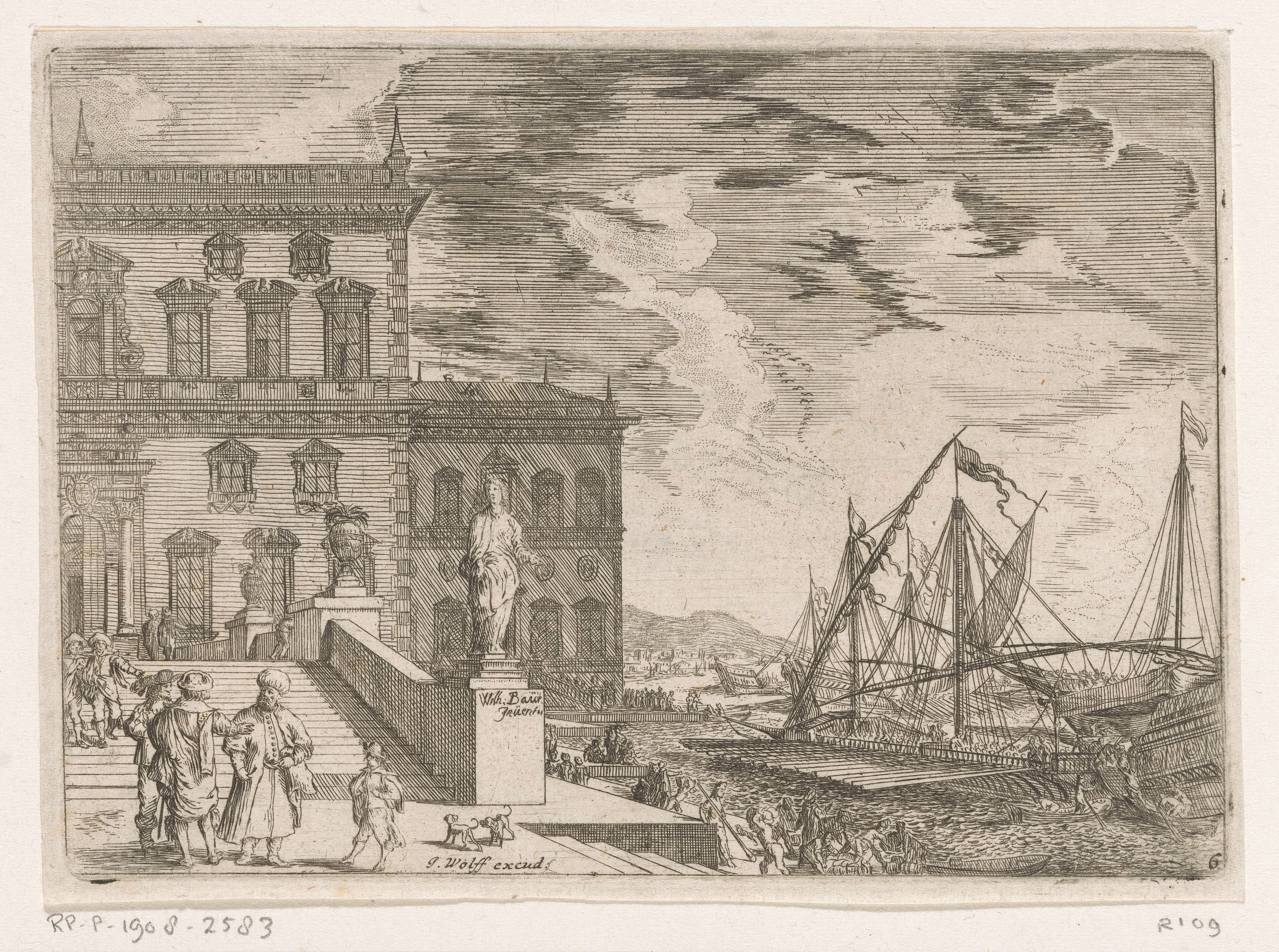 Havengezicht met een galei voor een paleis
