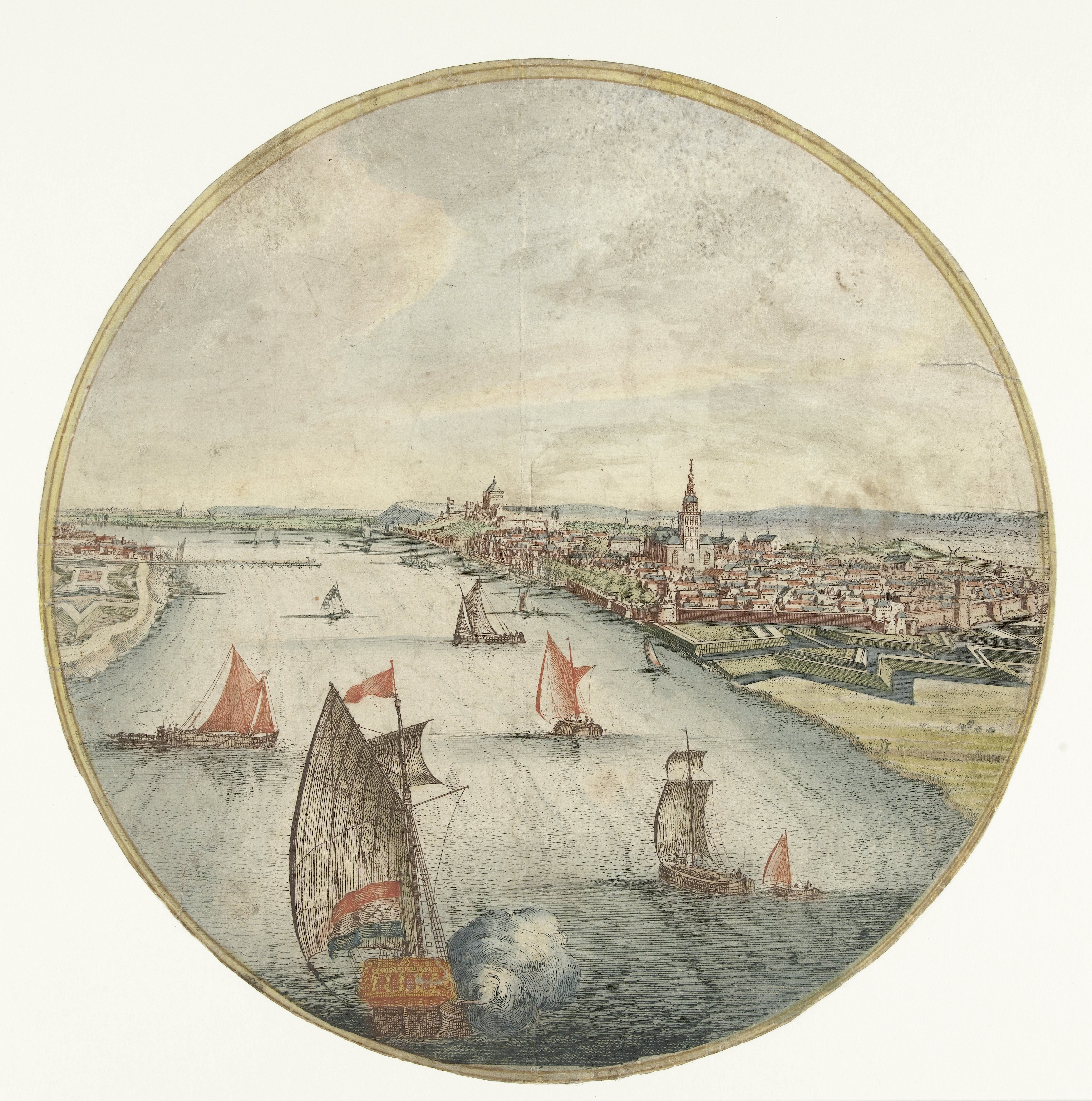 Gezicht op Nijmegen met de Waal en de Valkhofburcht