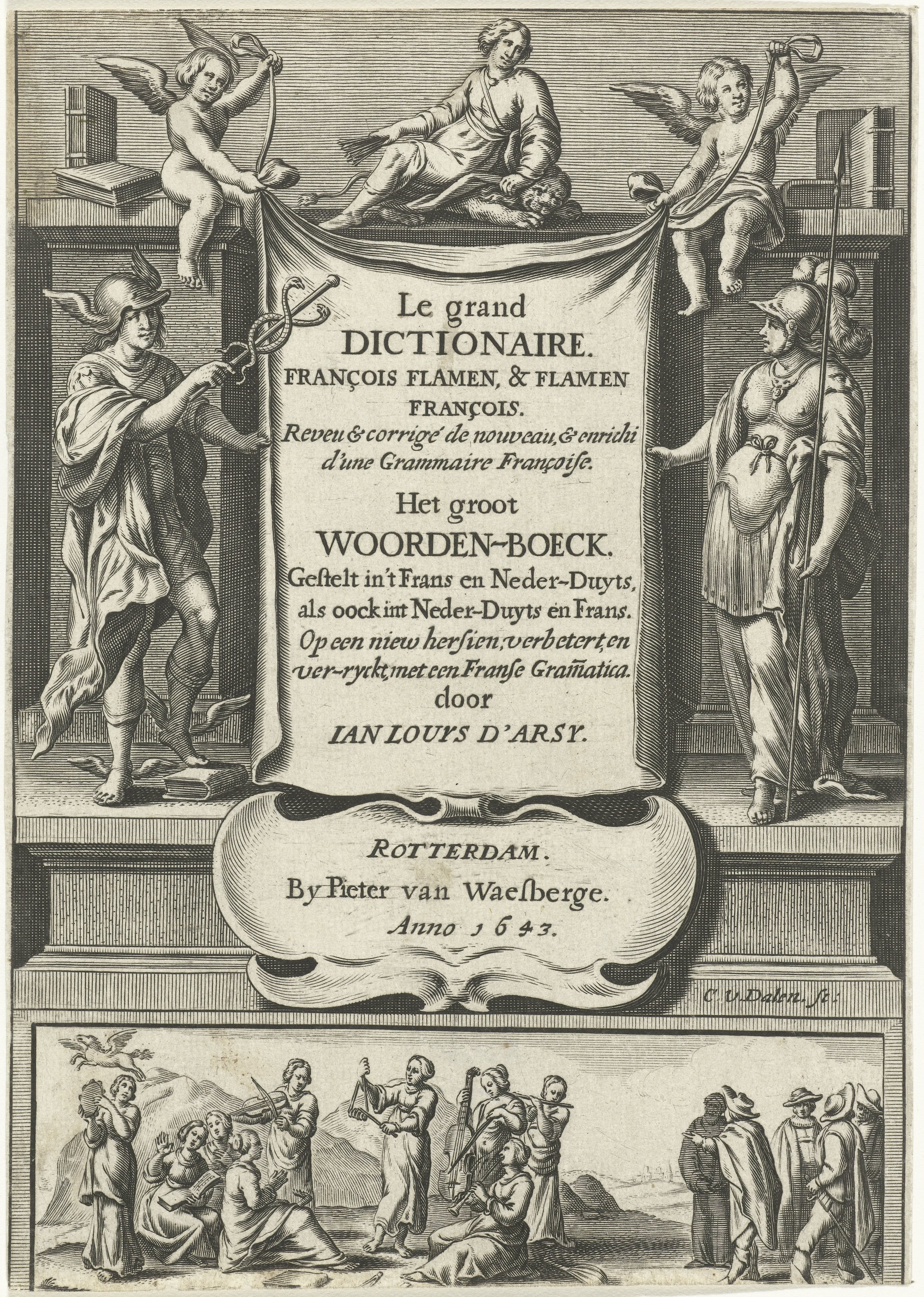 Doek met titel vastgehouden door Mercurius, Minerva en twee engelen, onder fries met negen muzen spelend op muziekinstrumenten