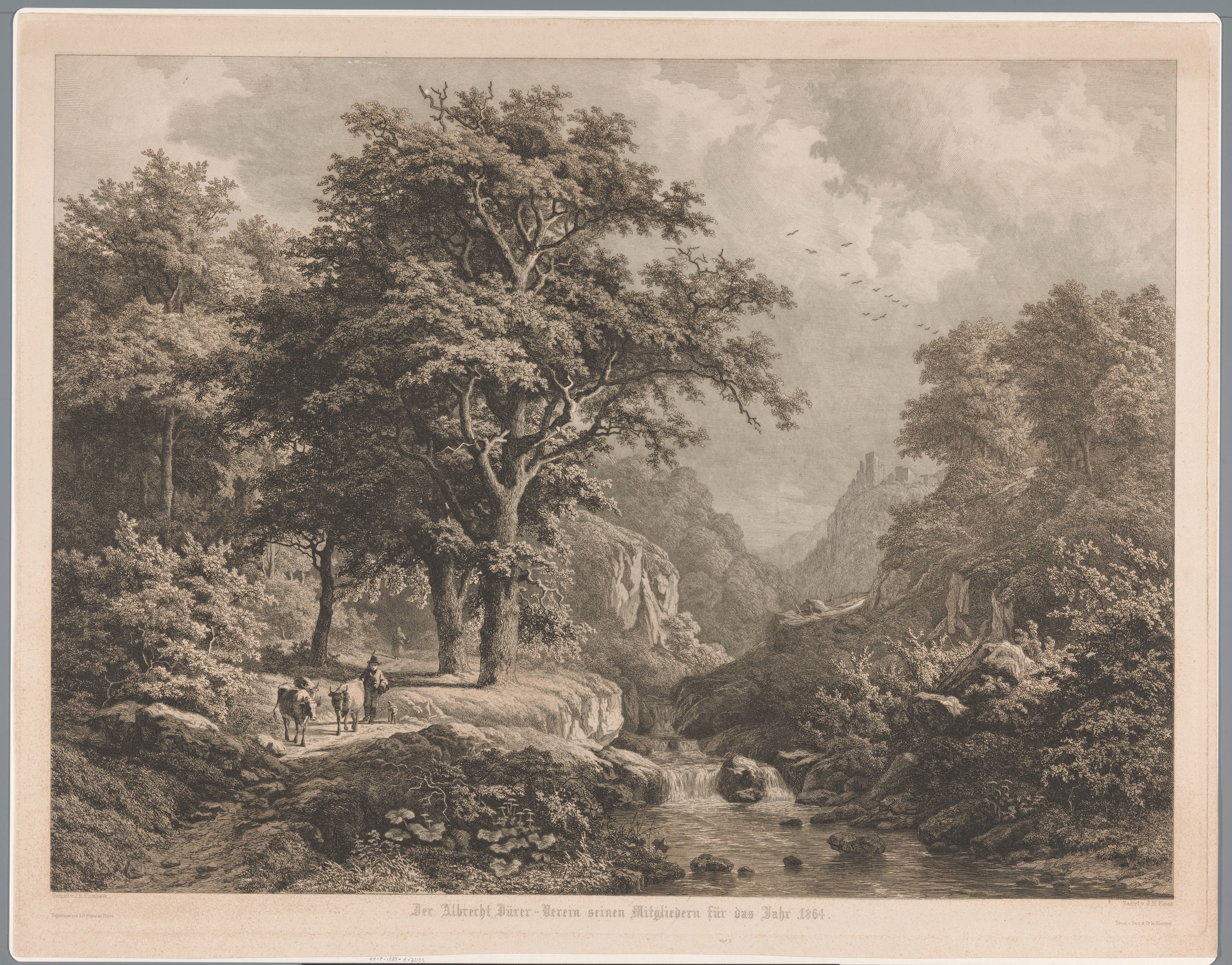 Bergachtig landschap met in het midden een waterval, links een jongen met drie koeien en een hond
