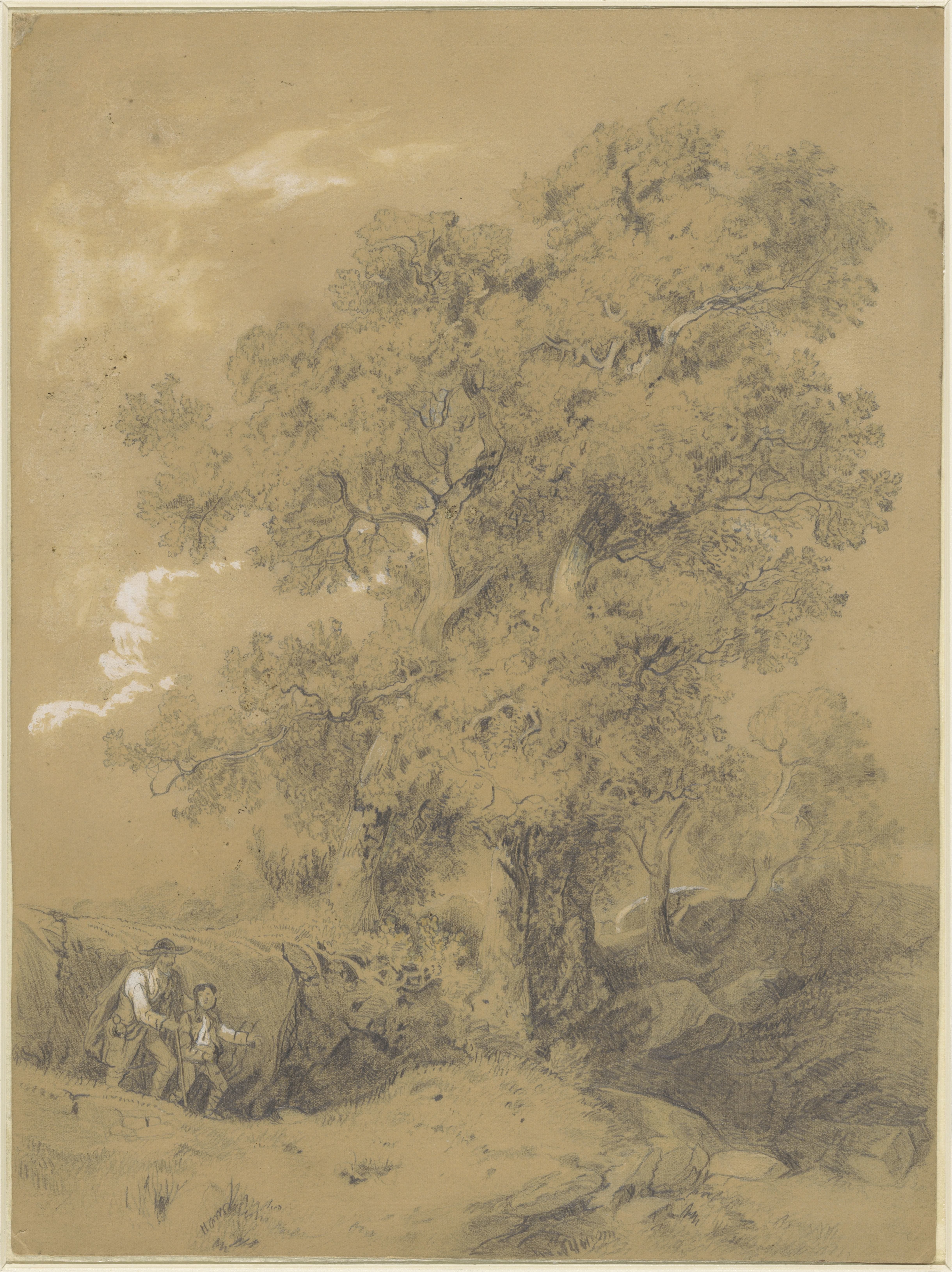 Blinde man wordt door een jongen geleid in een landschap met grote eikenbomen