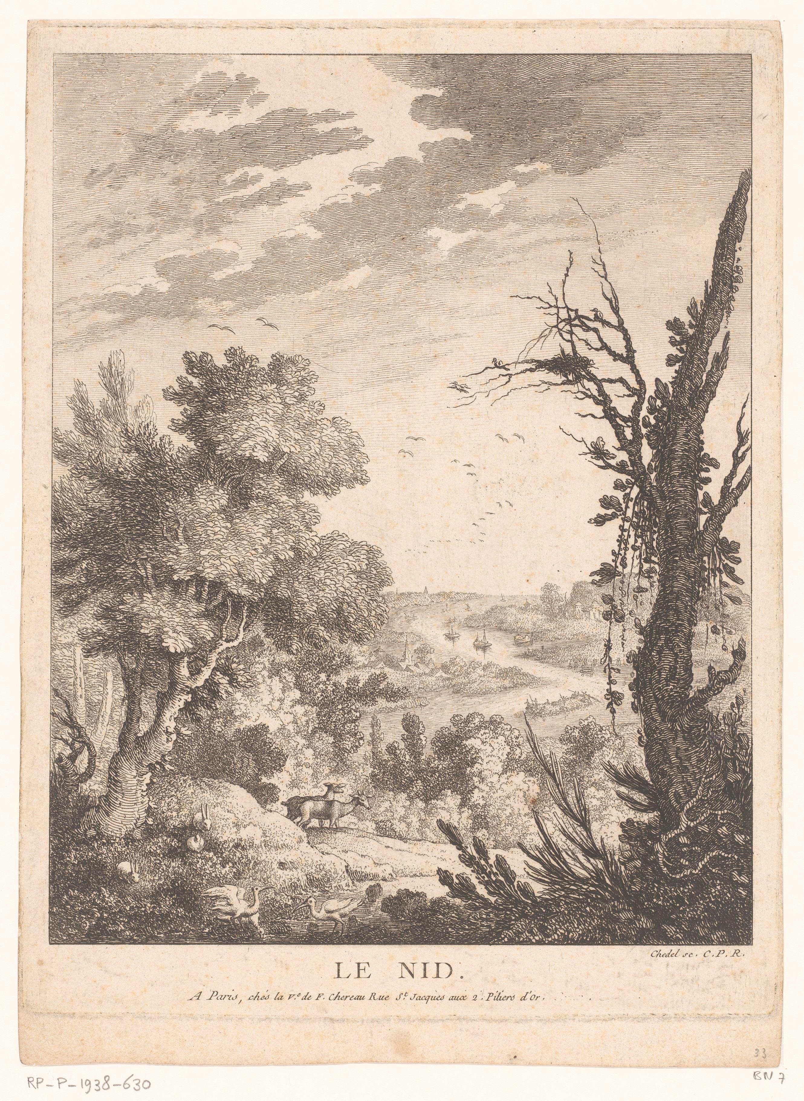 Landschap met herten, konijnen en vogels en op de achtergrond een rivier