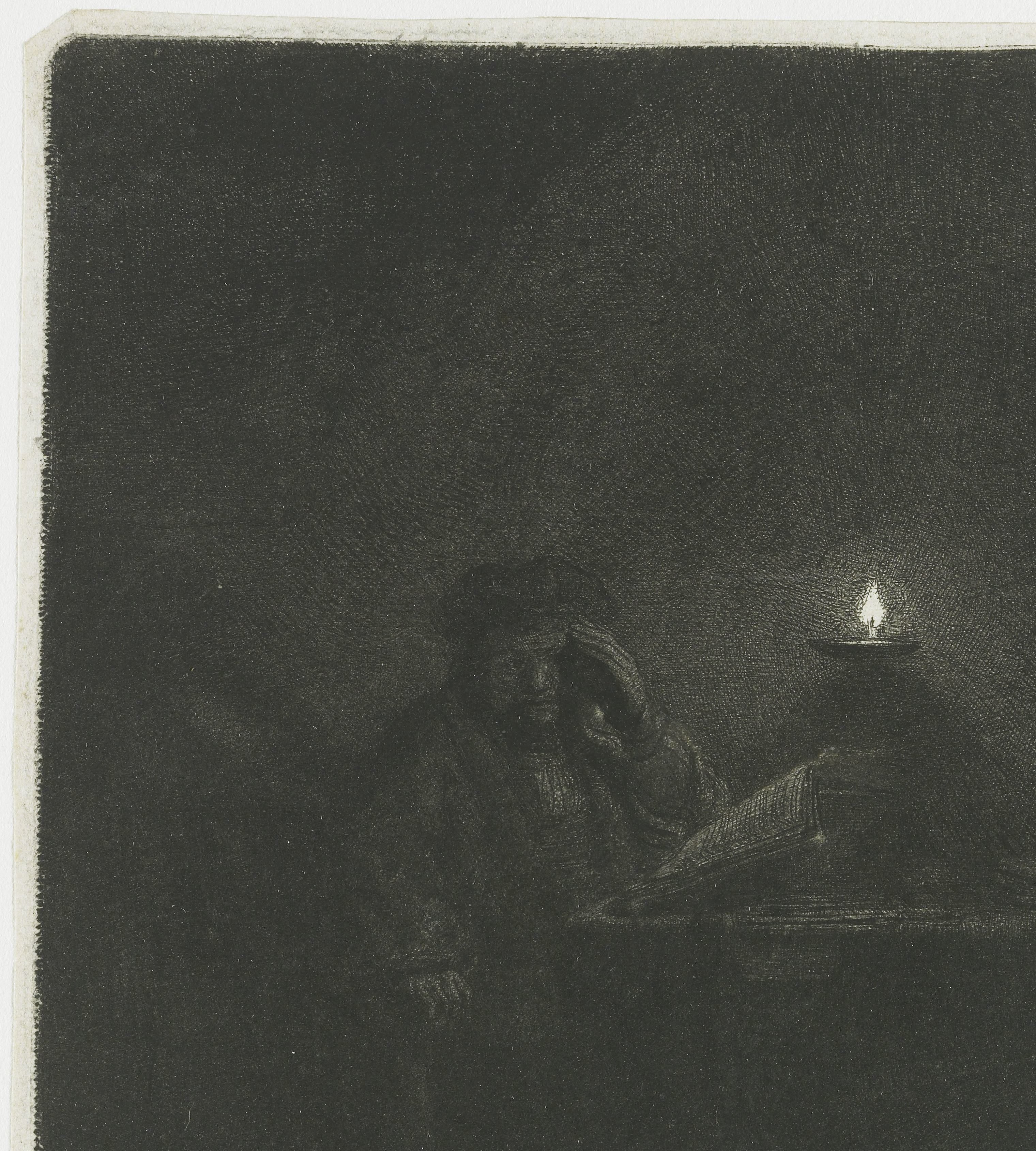 Een student aan tafel bij het licht van een olielamp