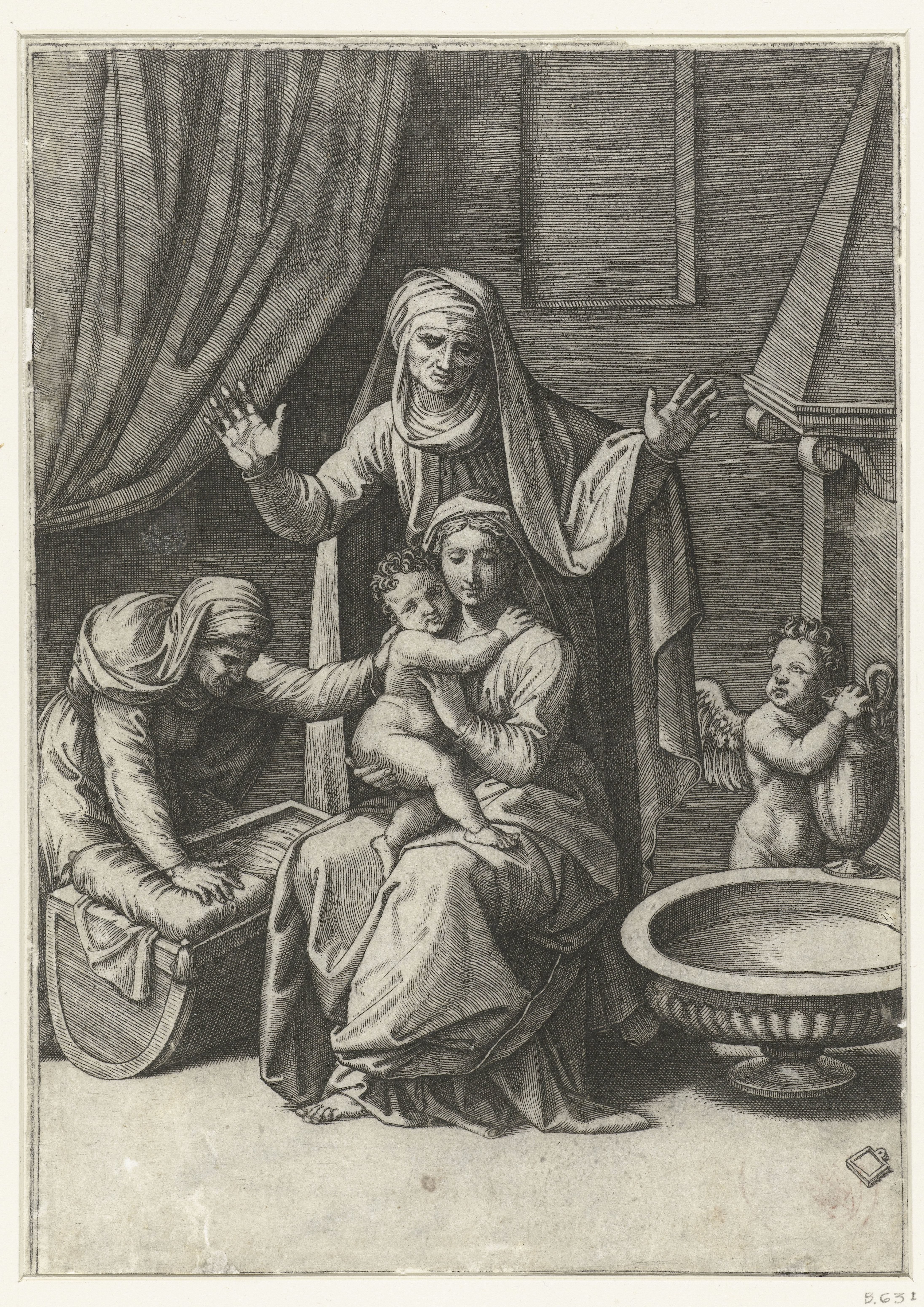 Maria met kind en heiligen Anna en Elisabet bij wieg en engel met waterkan bij schaal met water