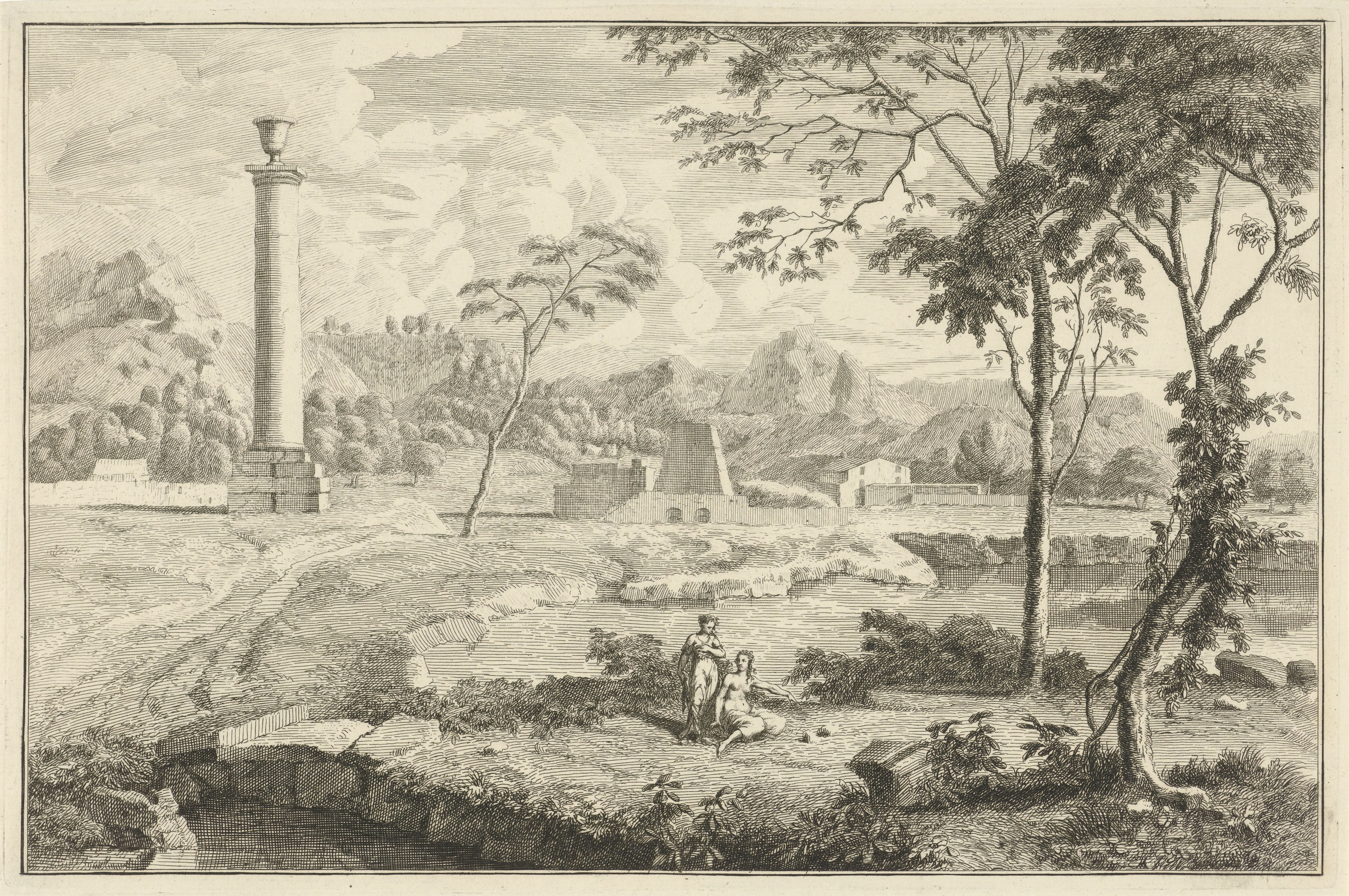Arcadisch rivierlandschap met zuil