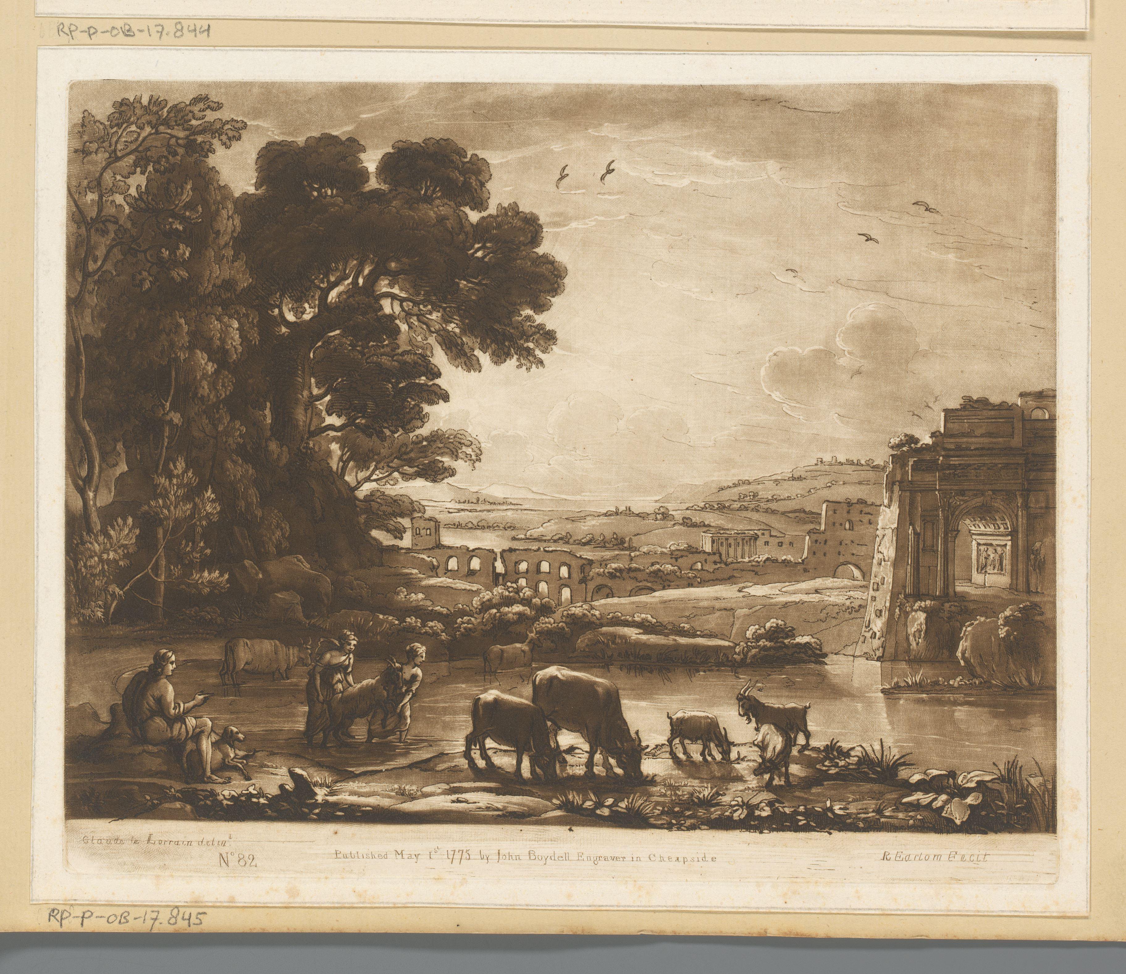Landschap met herders, vee en triomfboog rond een meer