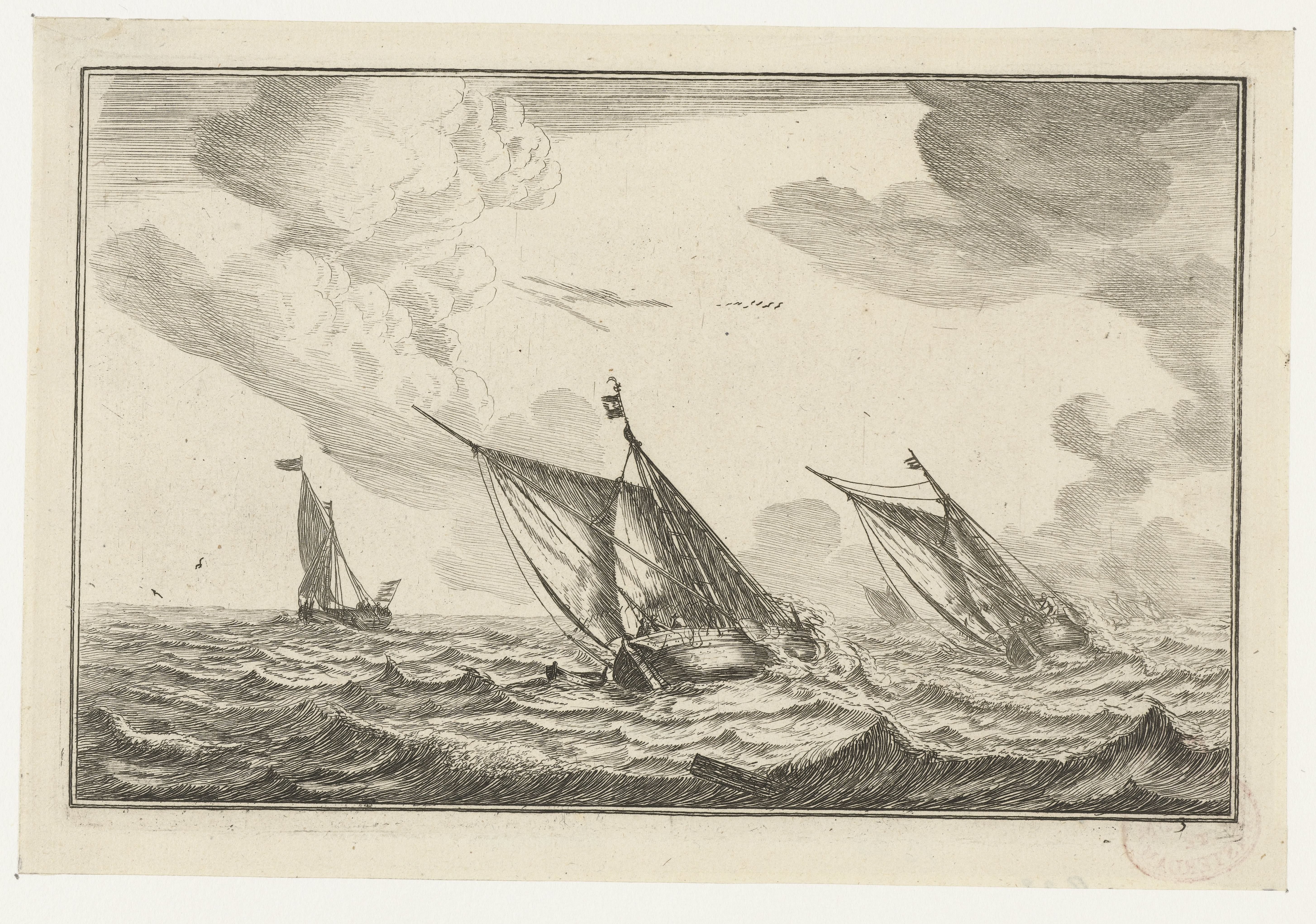Drie zeilschepen op een ruwe zee