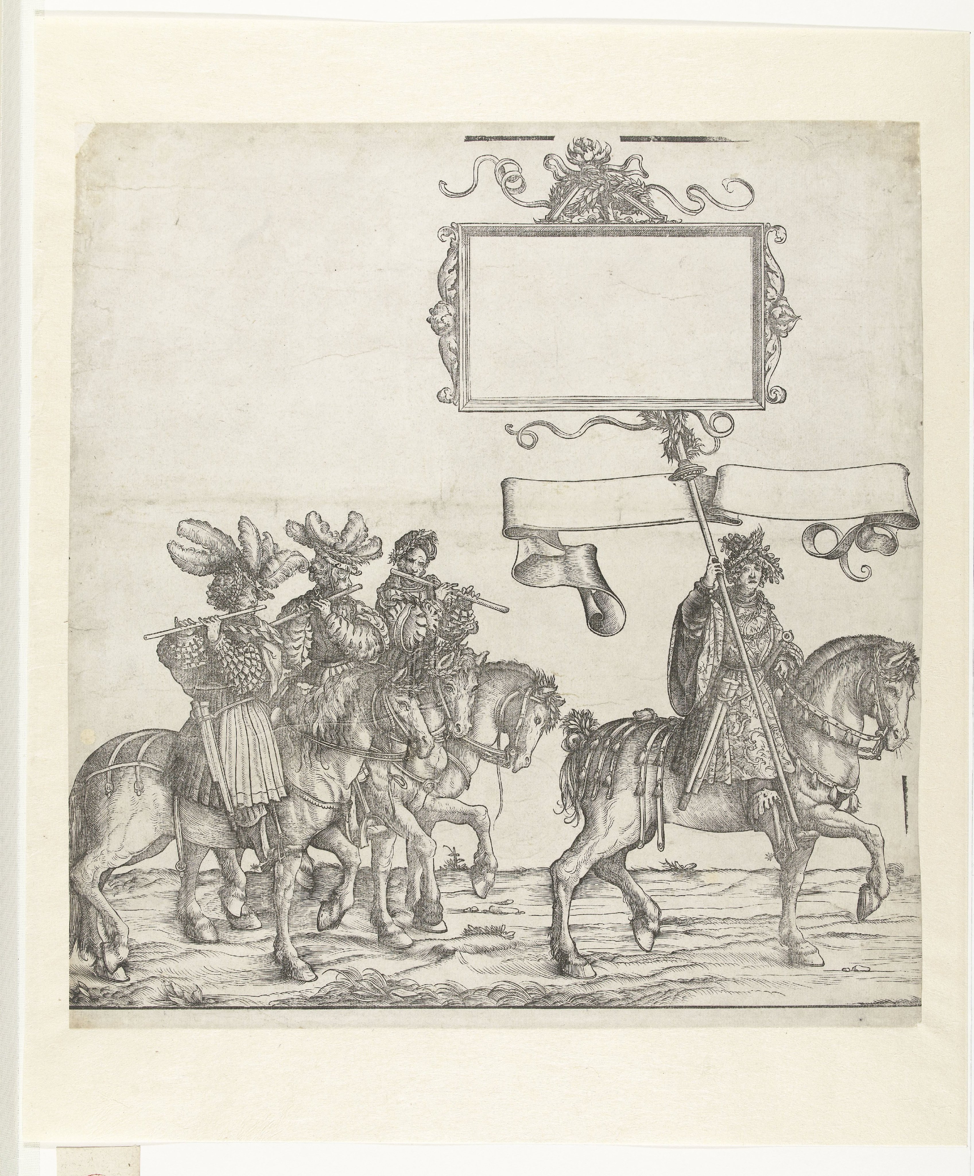 Fluitspelers en standaarddrager te paard