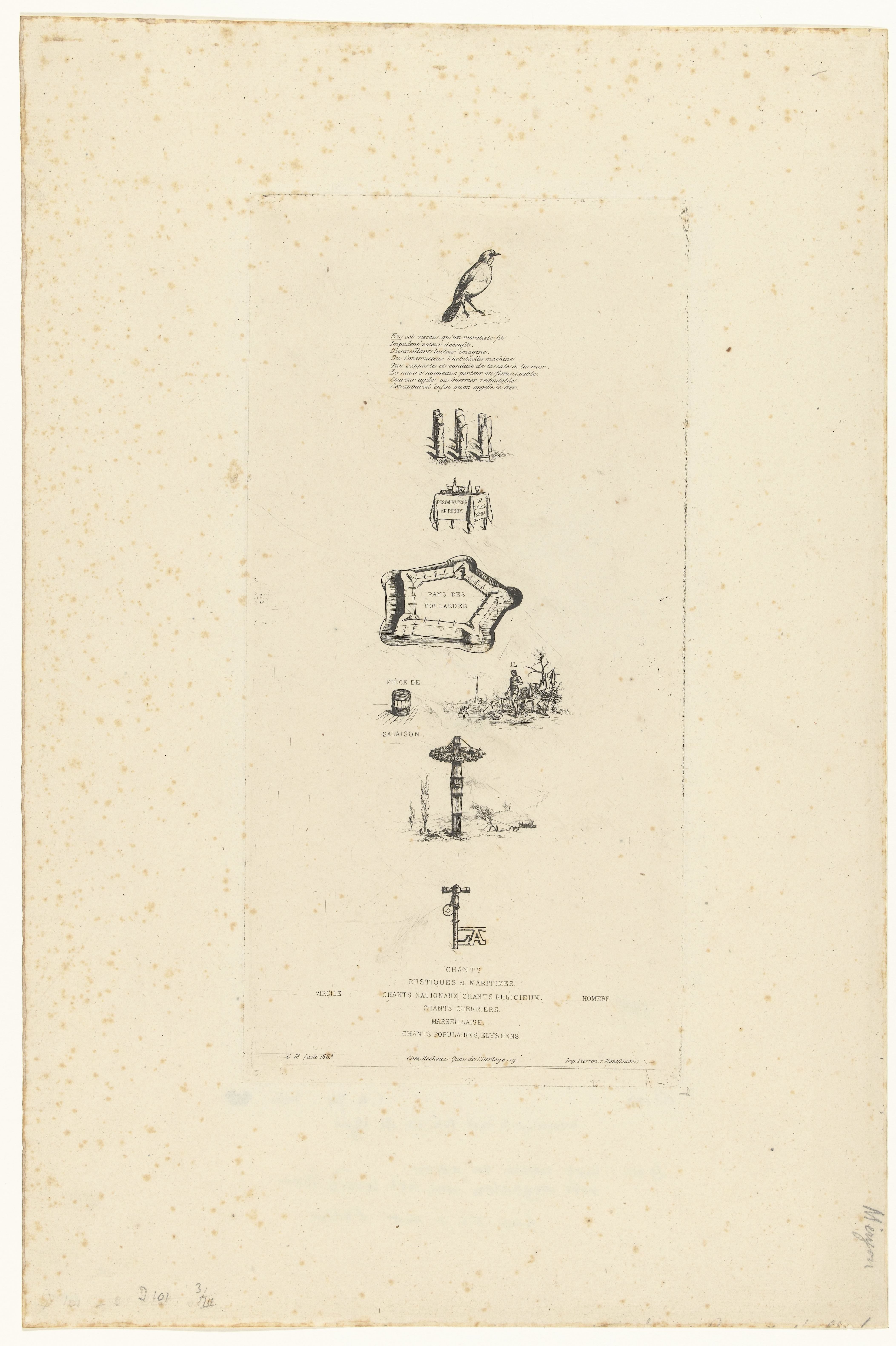 Rebus met acht objecten die samen de tekst Beranger ne fut veritablement fort car il n'eut jamais la clef des champs vormen