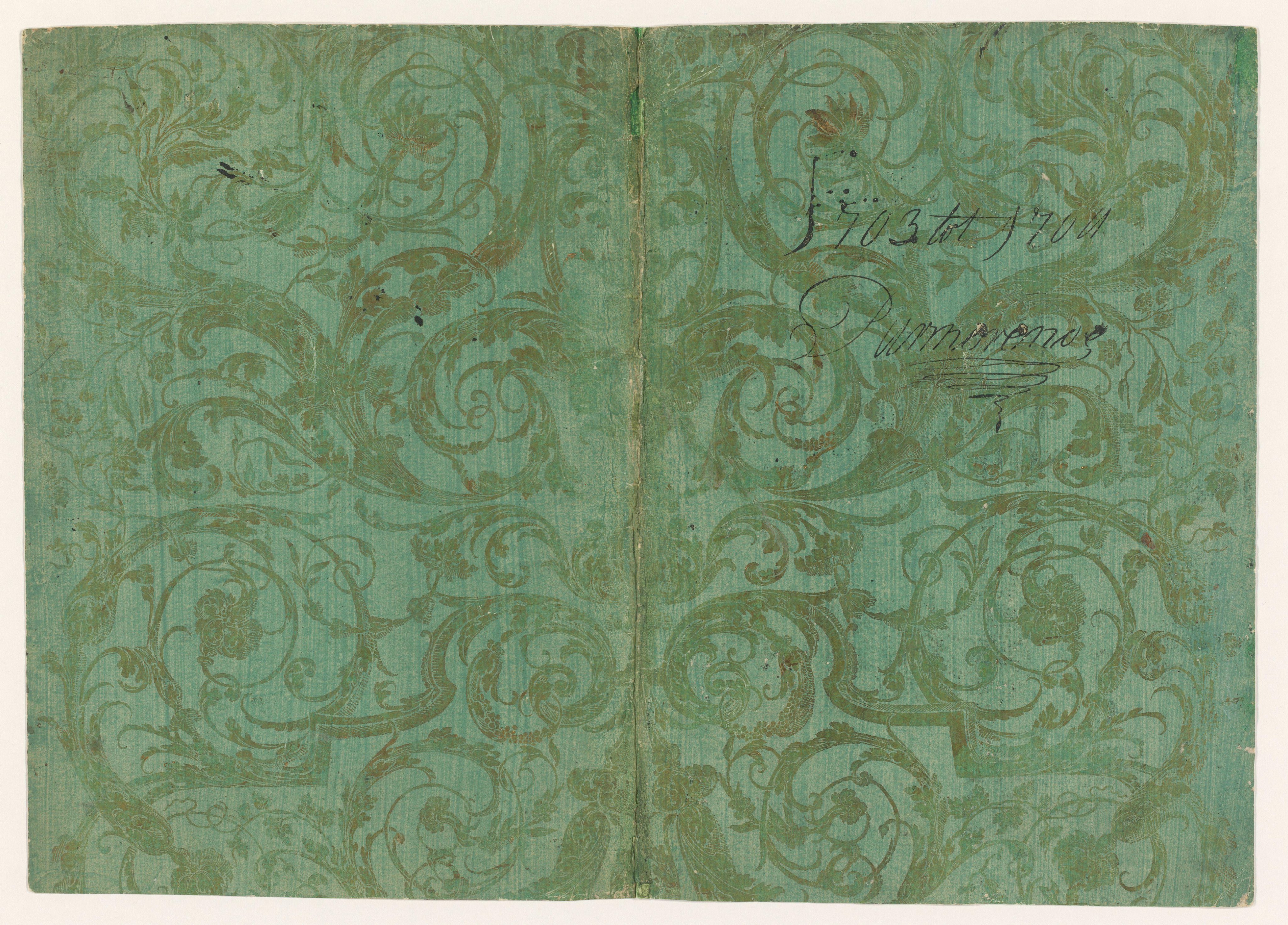 Blad met ranken met bloemen, omslag met opschrift