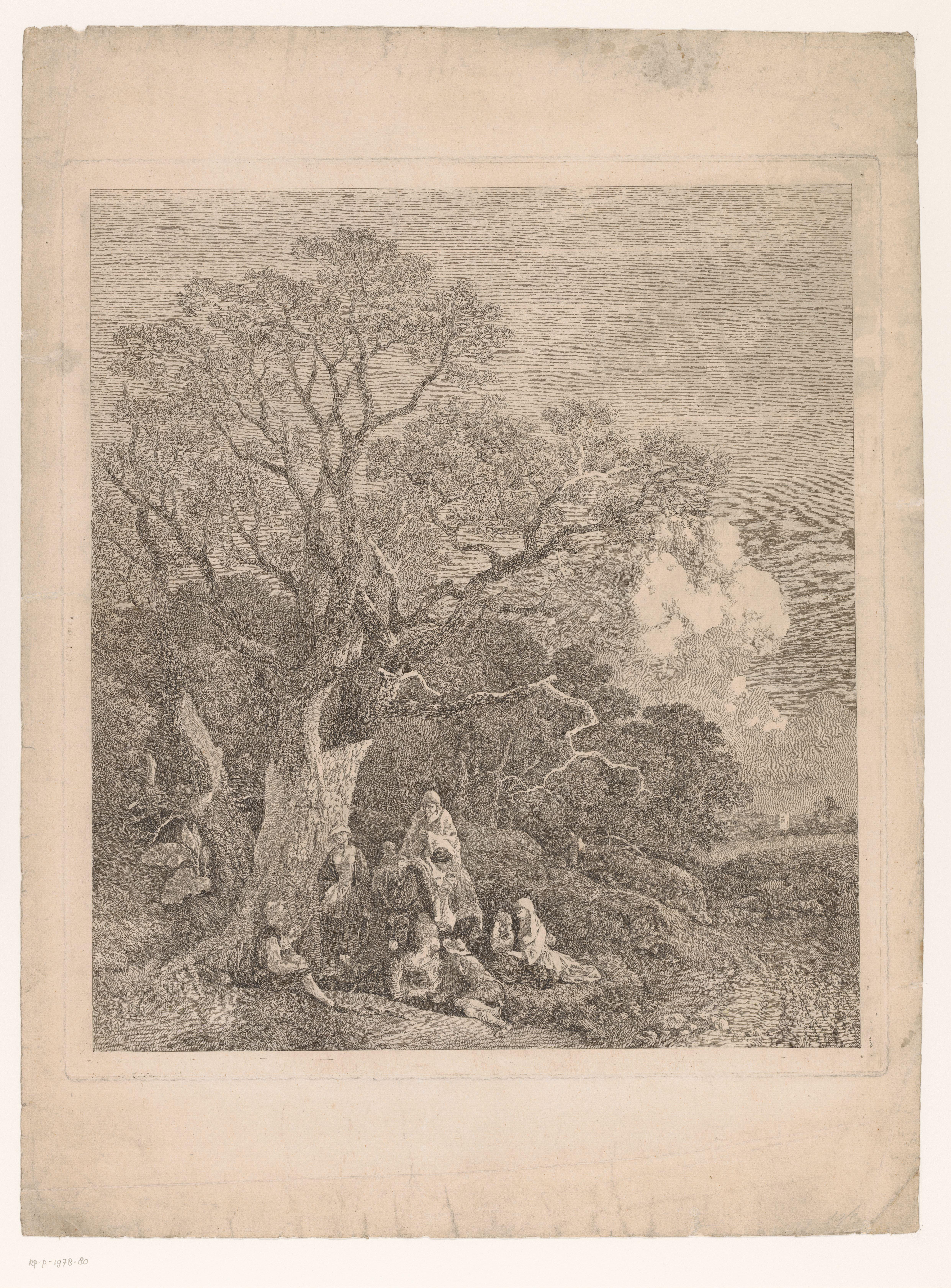 Landschap met een groep reizigers onder een grote boom langs een bospad