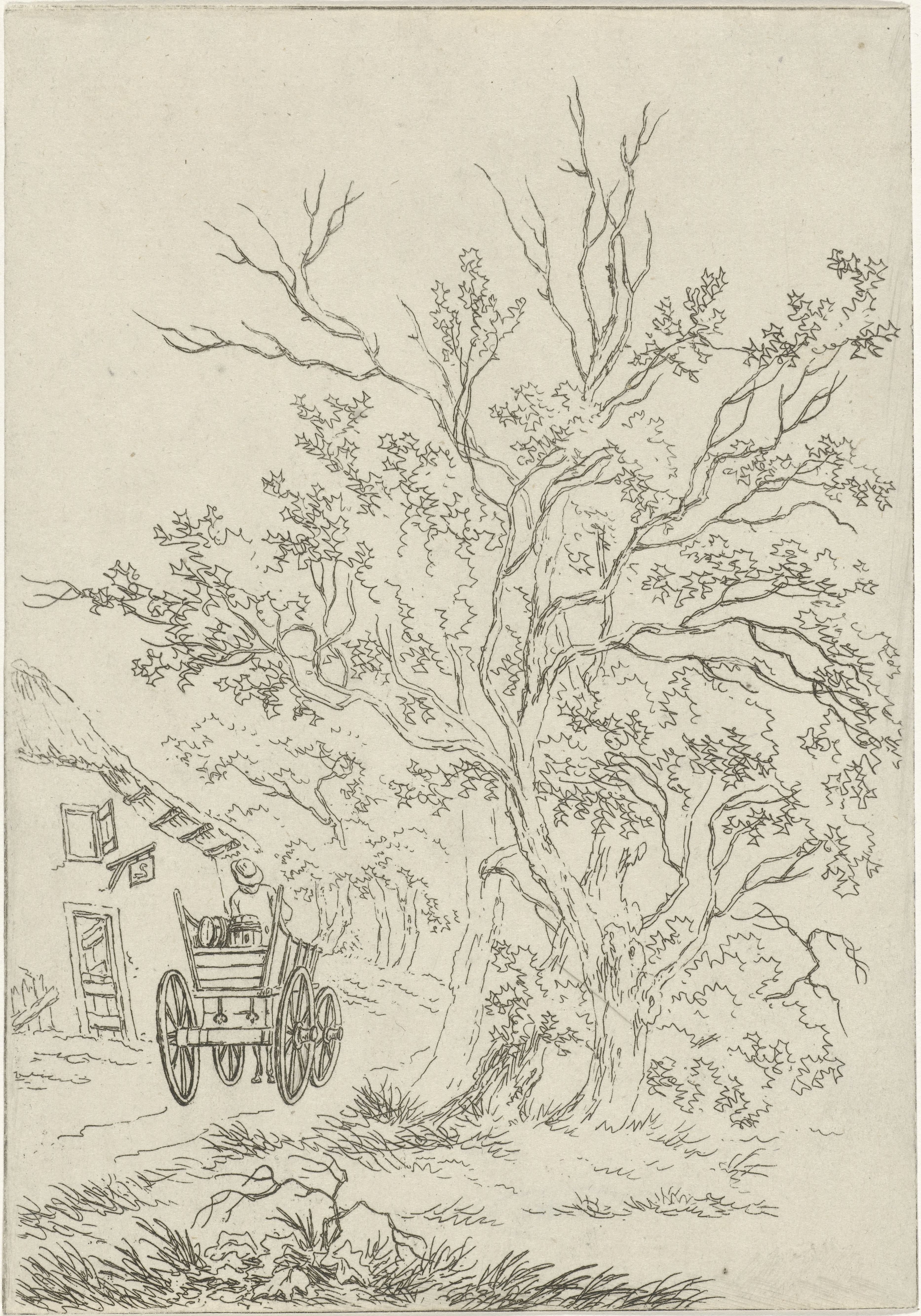 Landschap met boerenwagen bij herberg