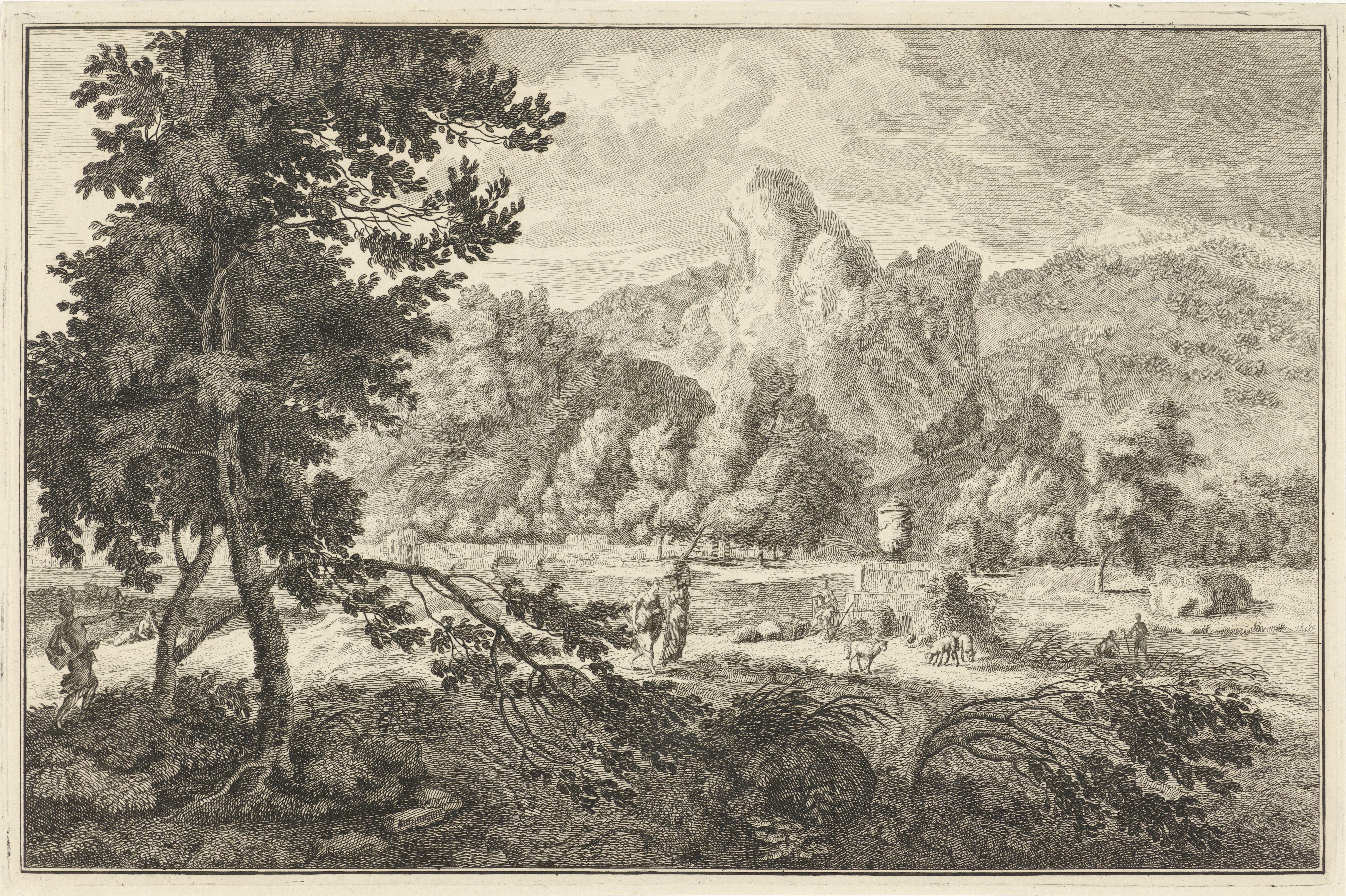 Arcadisch rivierlandschap met herders en twee vrouwen met was