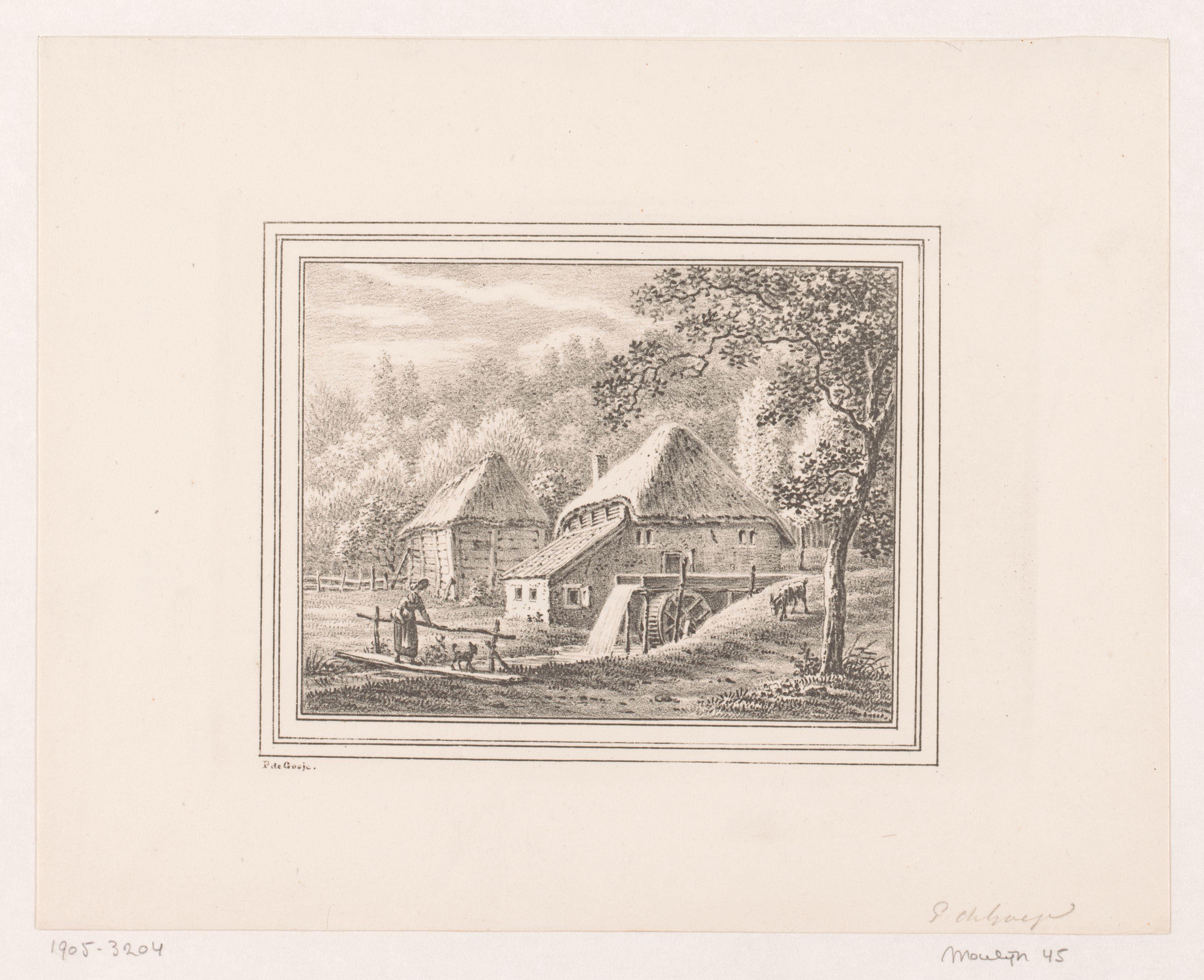 Landschap met watermolen en schuur