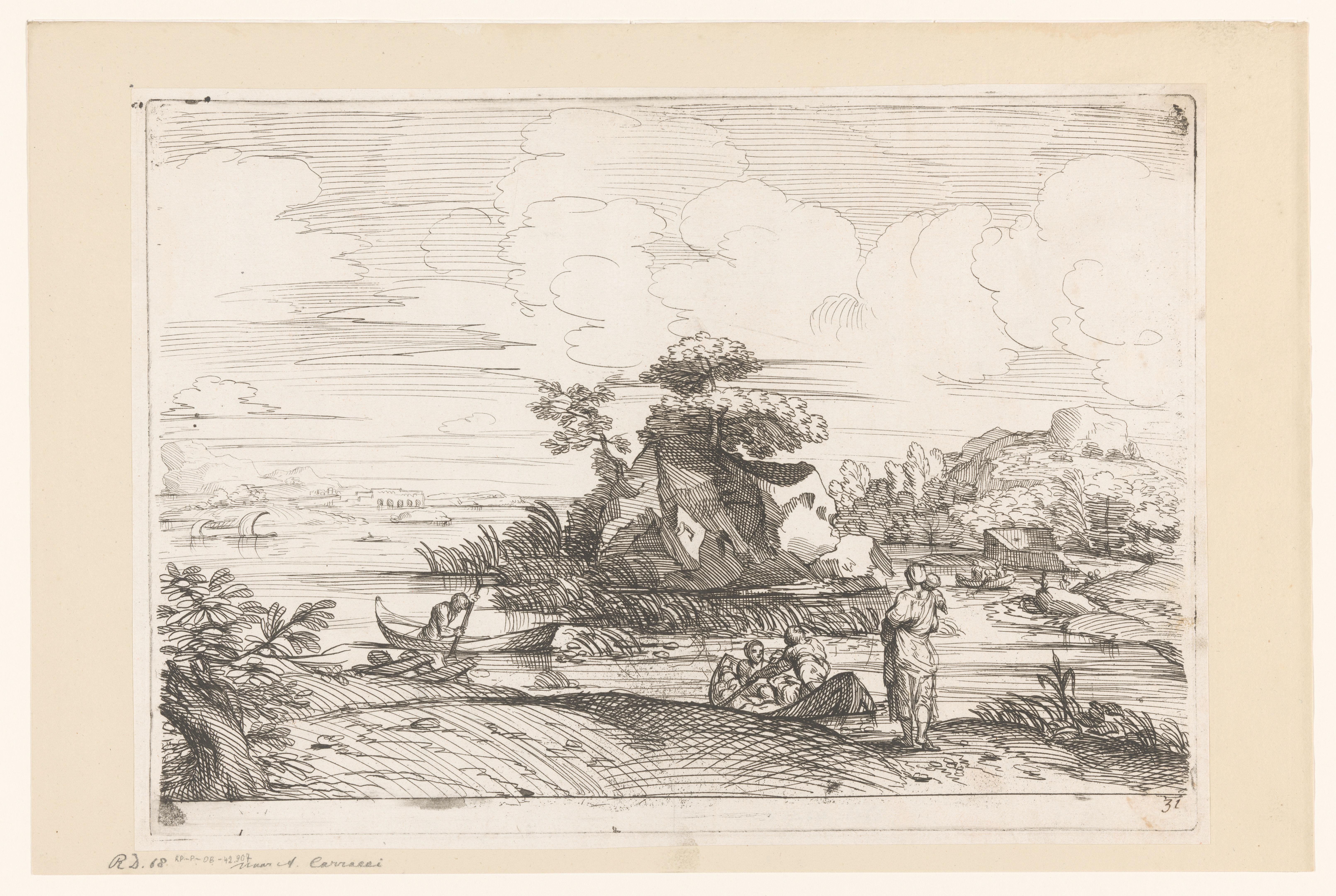 Rivierlandschap met kanovarende figuren rond een eiland