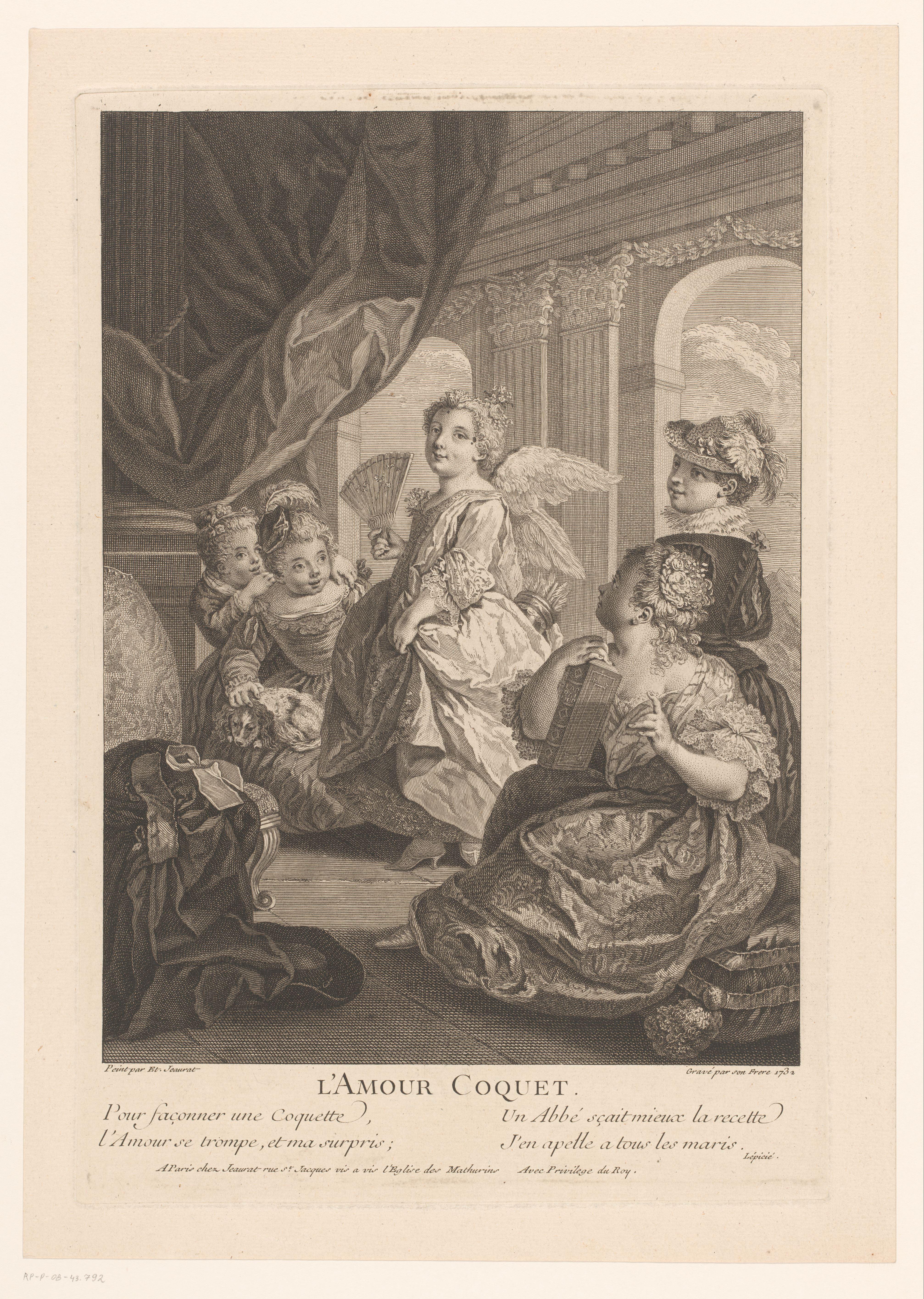 Meisje met vleugels en waaier in een galerie met meisjes