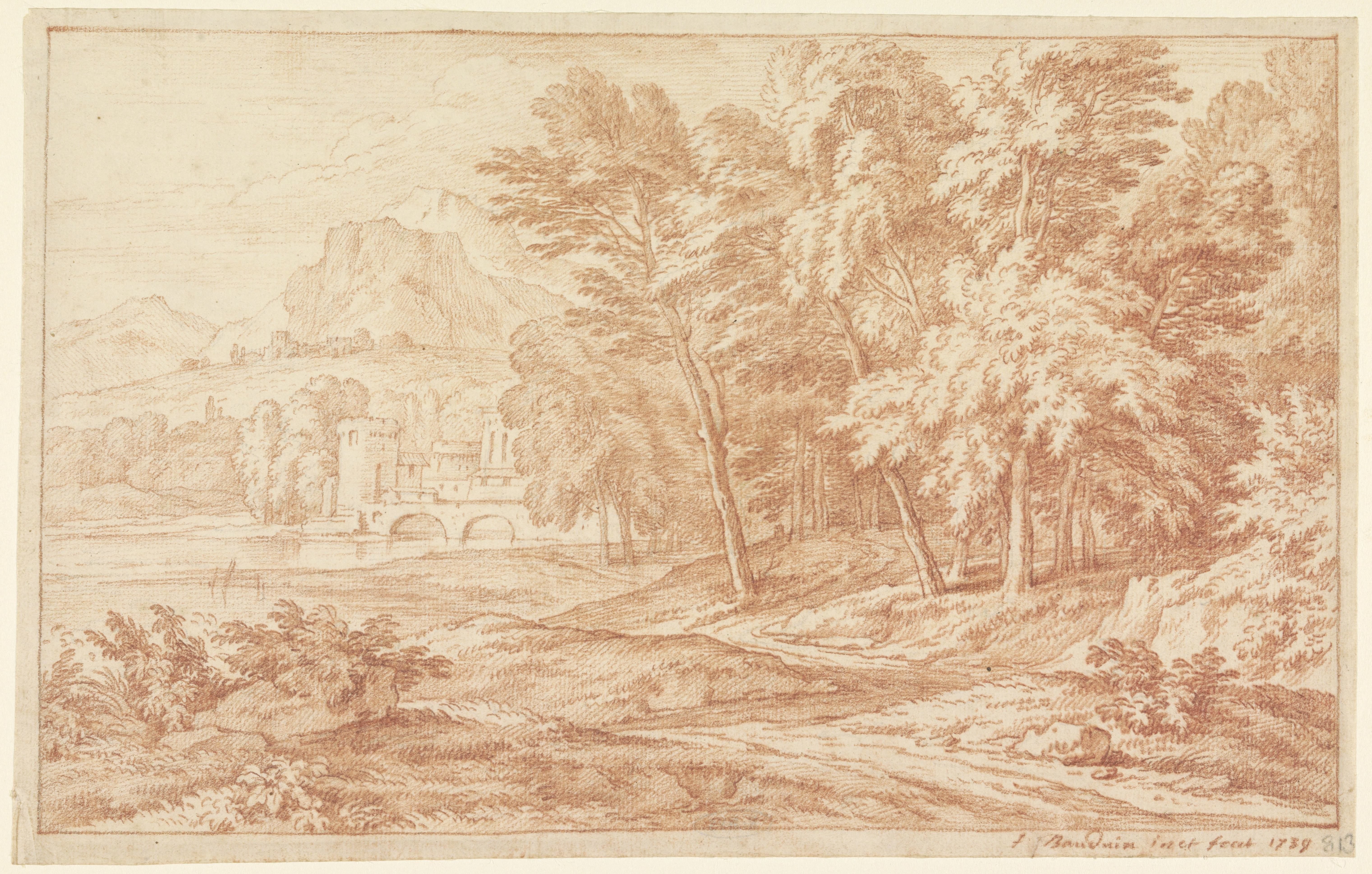 Landschap met rivier en brug met ronde toren