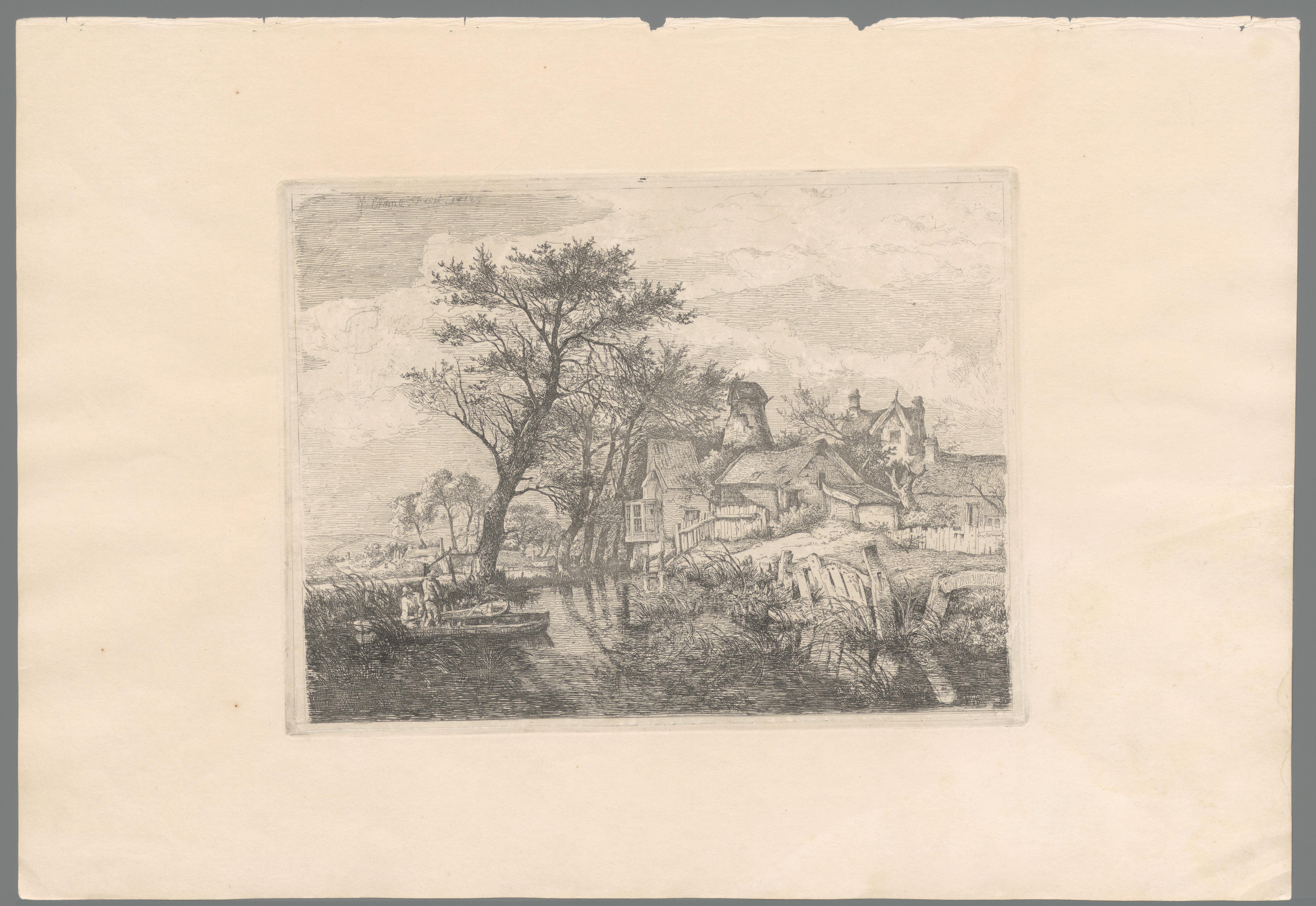 Twee mannen op boten in een sloot langs een dorp met windmolen zonder wieken