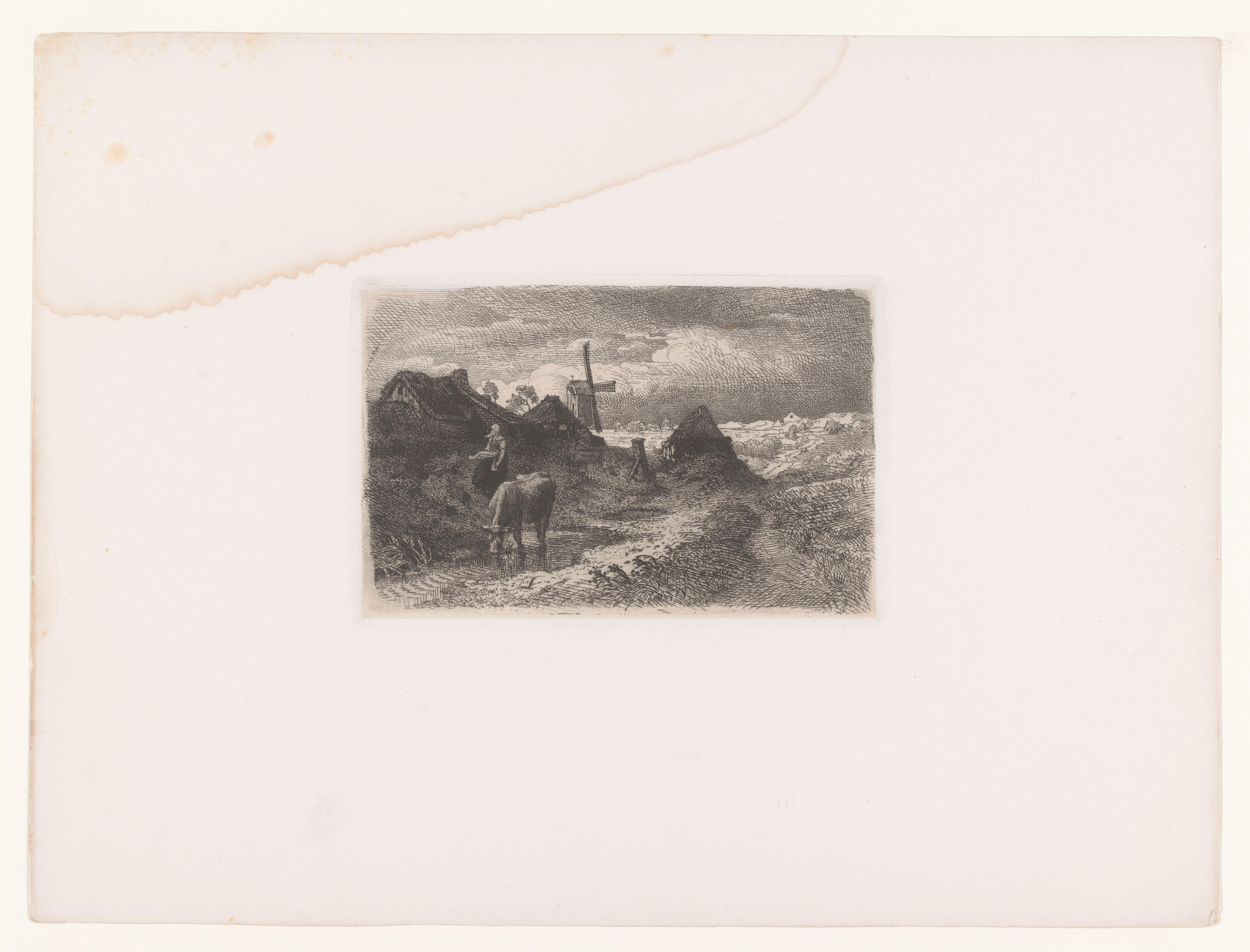 Landschap met een molen, een vrouw en een grazende koe