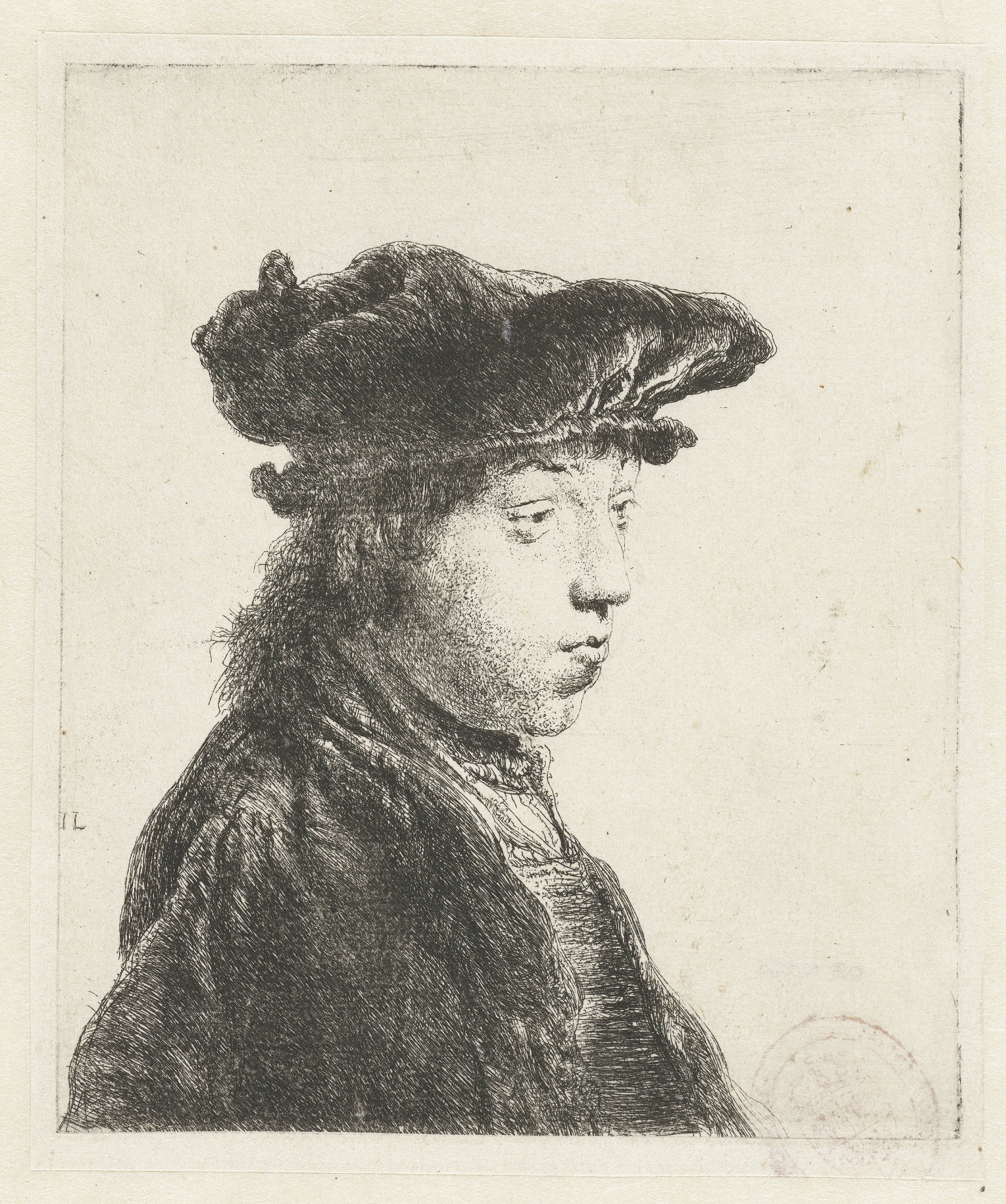 Borstbeeld van een jonge man met fluwelen baret