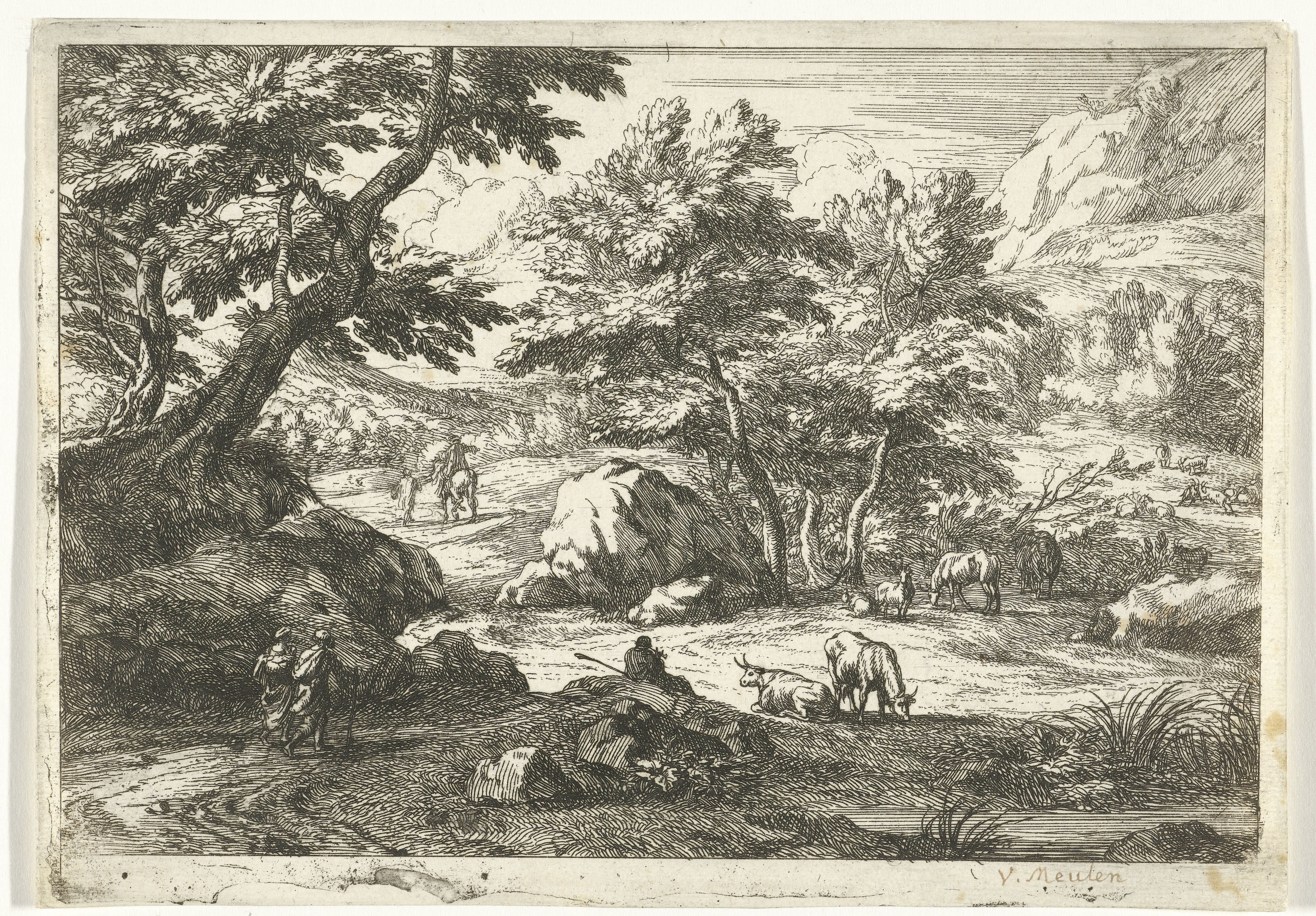 Landschap met vee en figuren