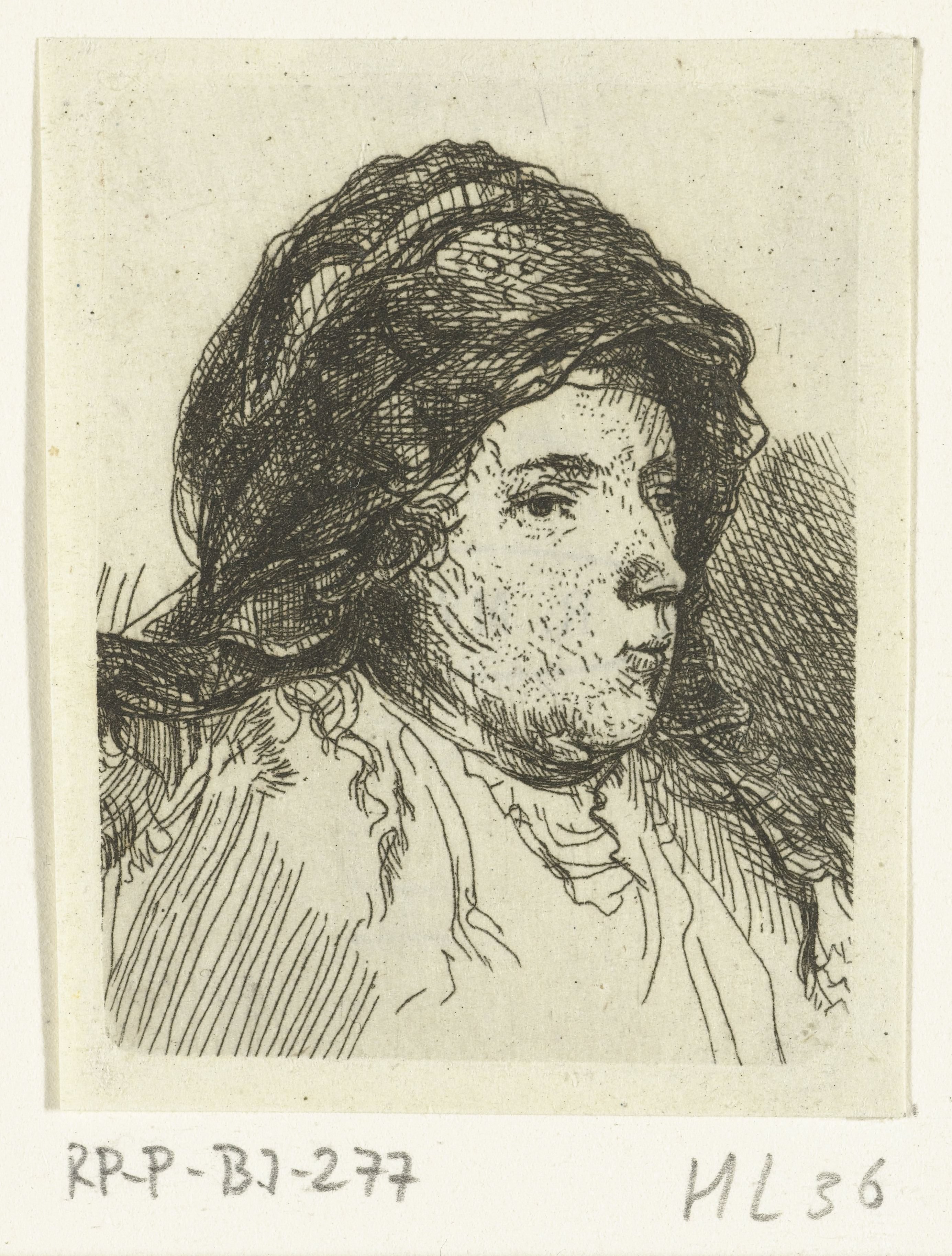 Portretbuste van een vrouw met doek om haar hoofd