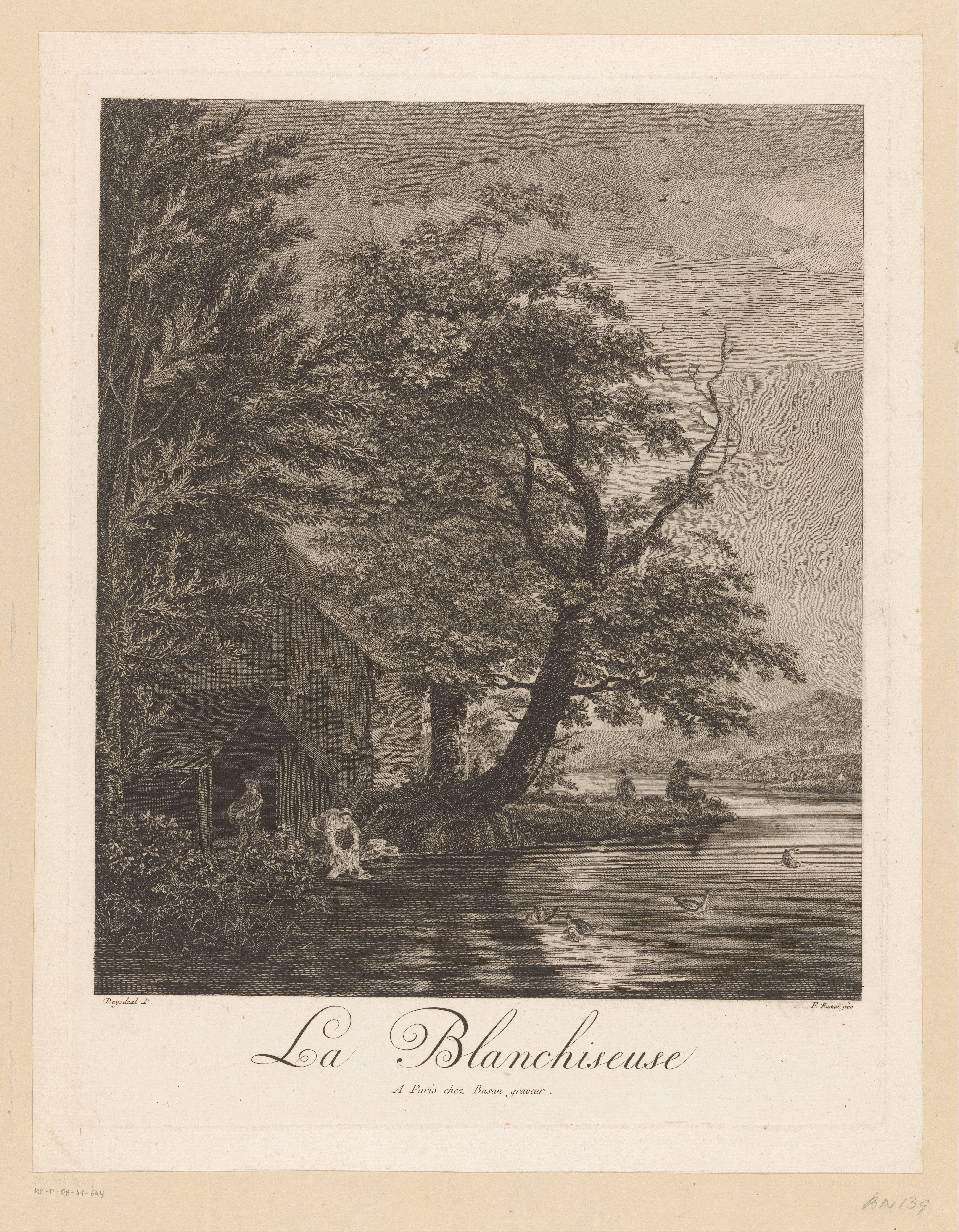 Rivierlandschap met wasvrouw en visser