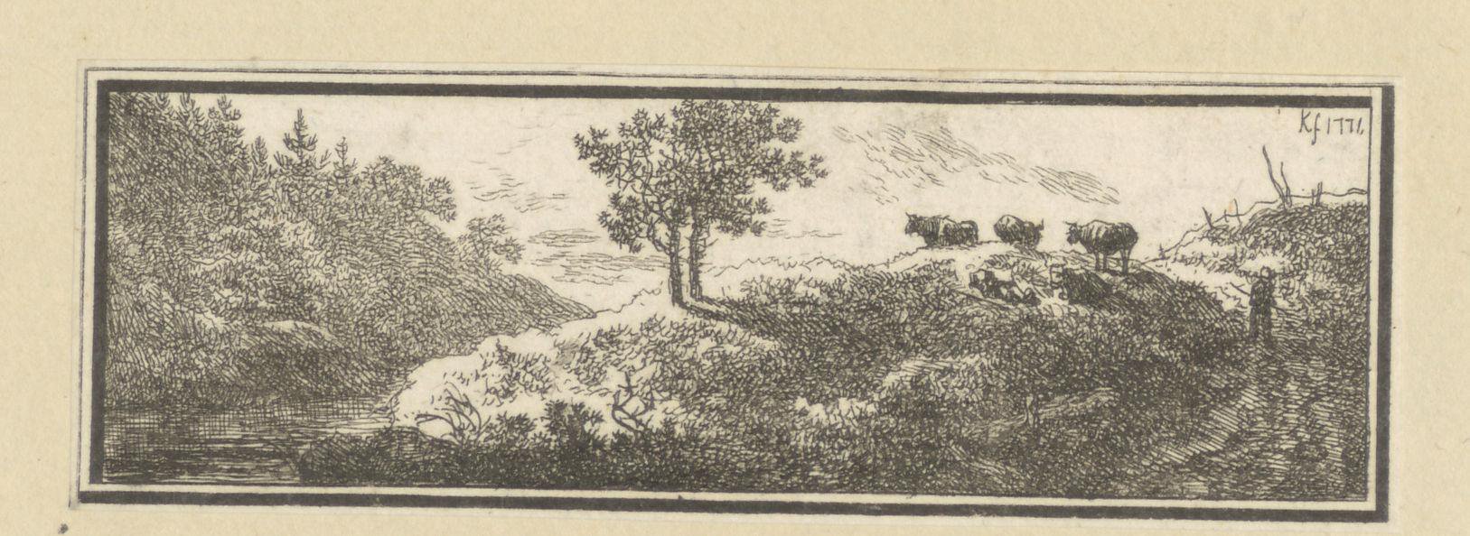Landschap met runderen op een heuvel