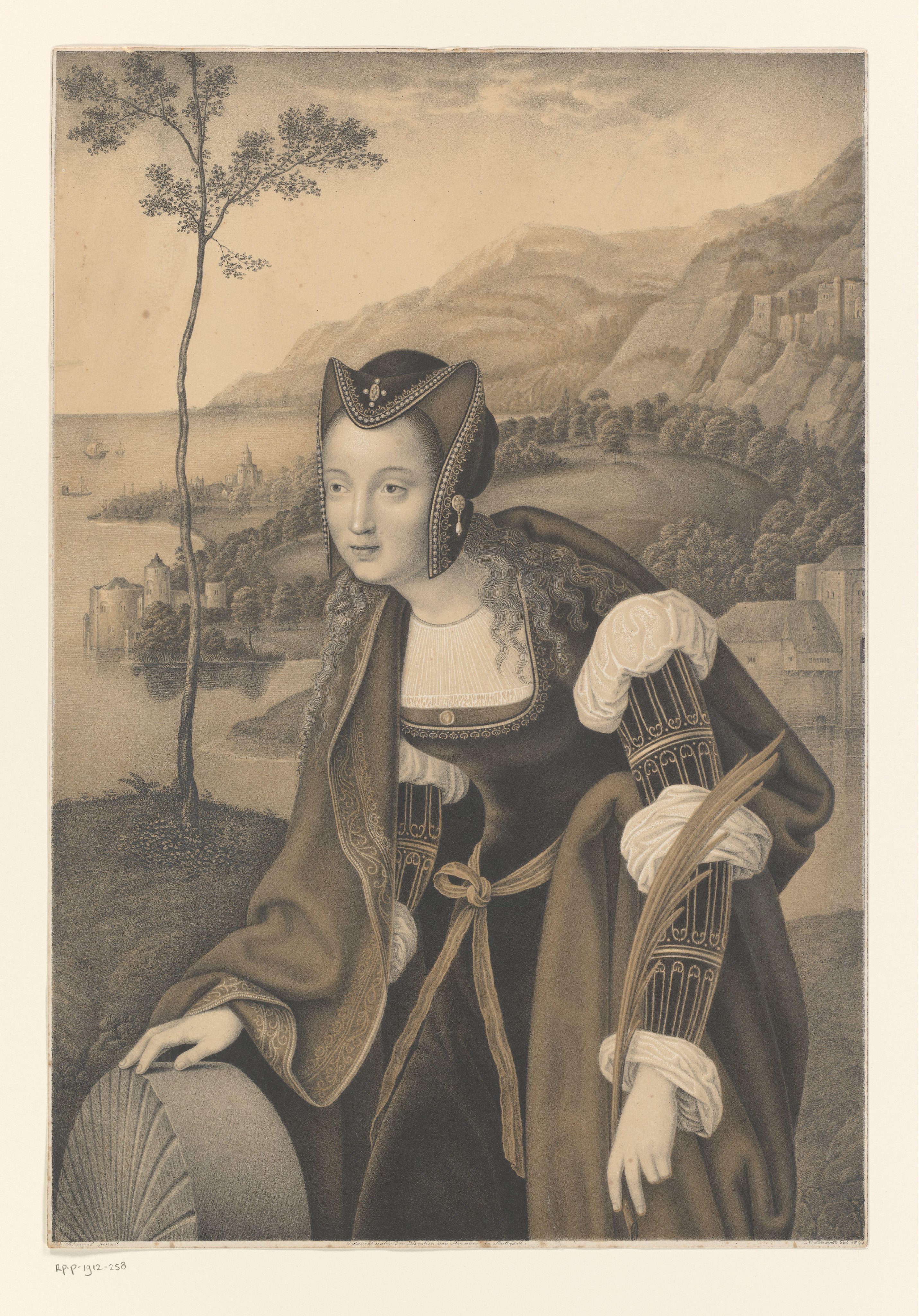 Heilige Christina met molensteen in een landschap