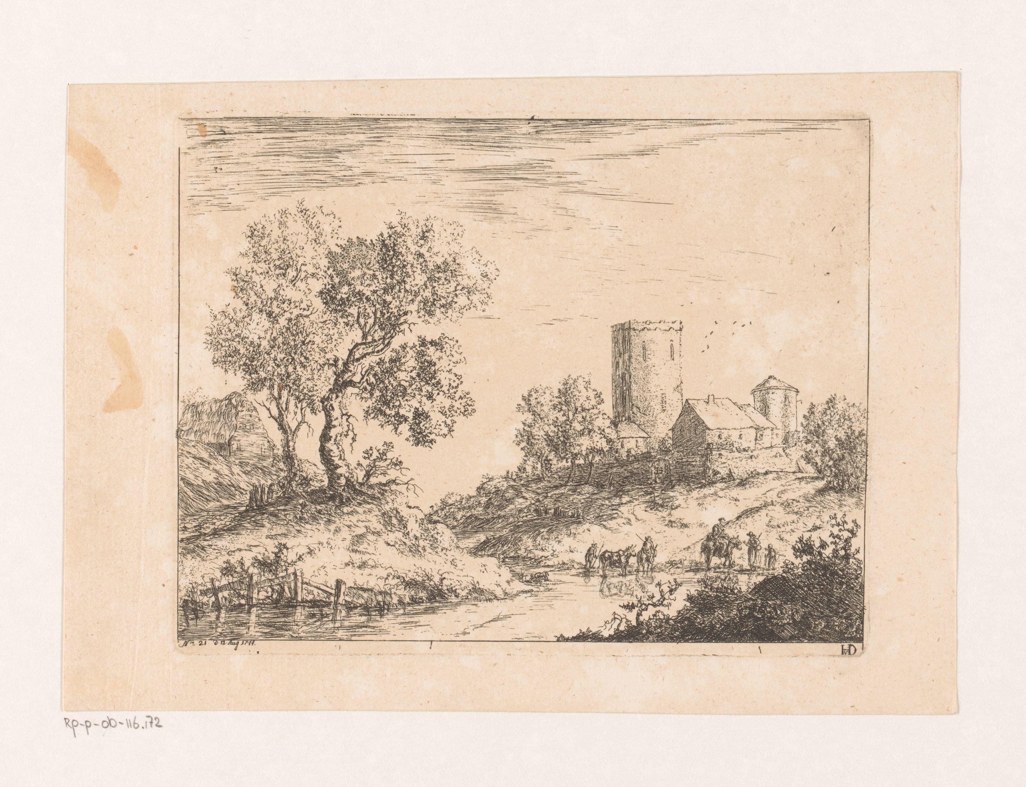 Landschap met ommuurde boerderij en toren